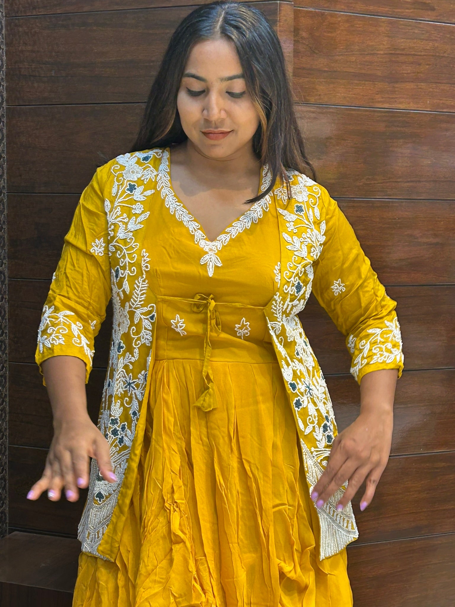 pearl moti work jacket with long gown for mehandi party