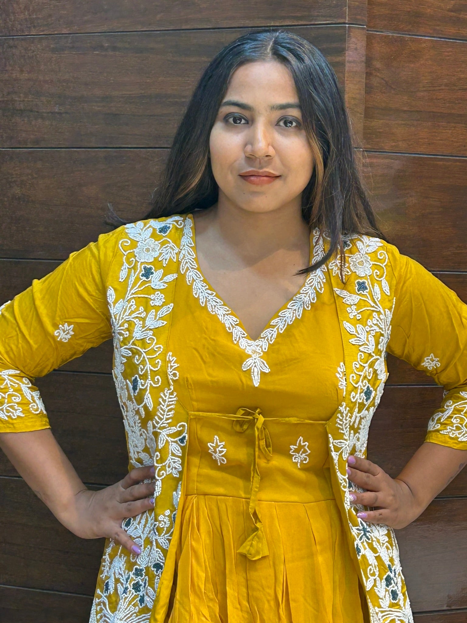 pearl moti work jacket with long gown for mehandi party