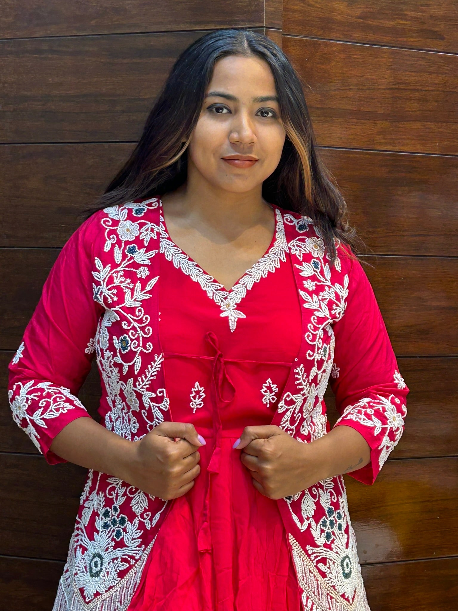 pearl moti work jacket with long gown for wedding and party