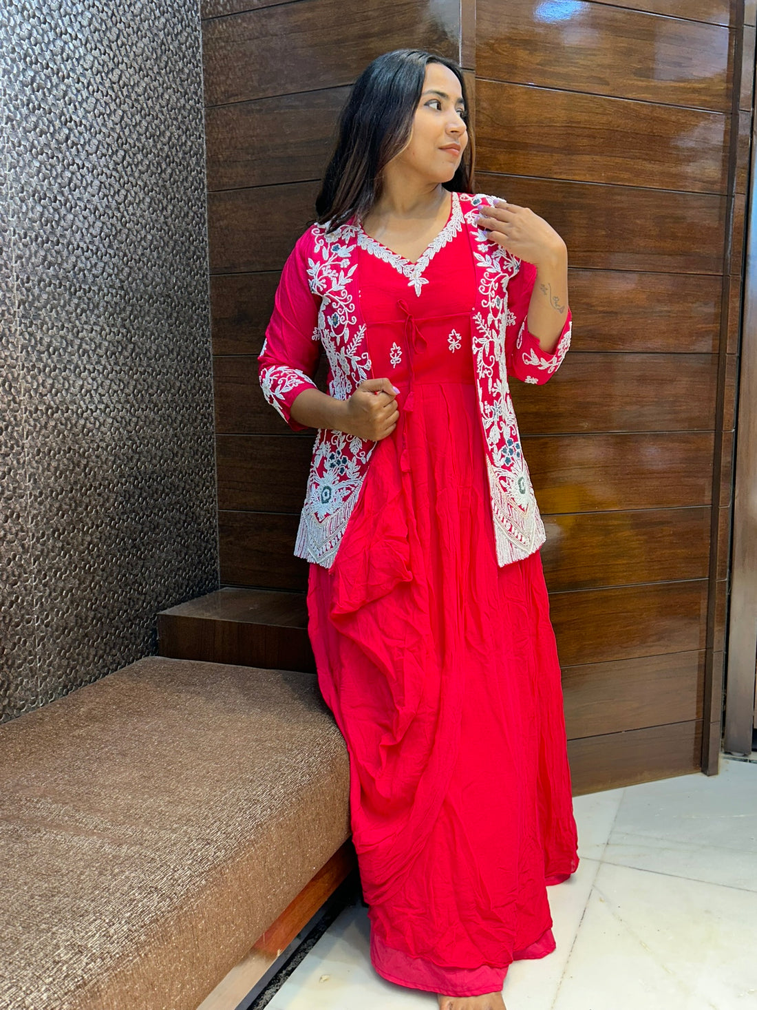 pearl moti work jacket with long gown for wedding and party