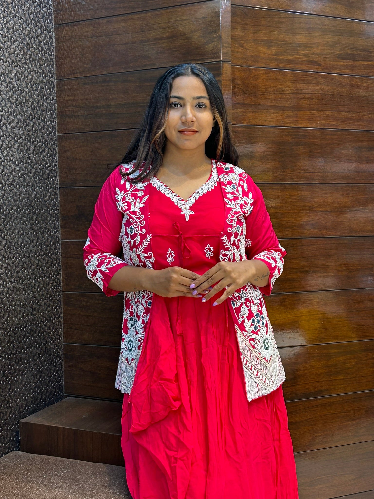 pearl moti work jacket with long gown for wedding and party