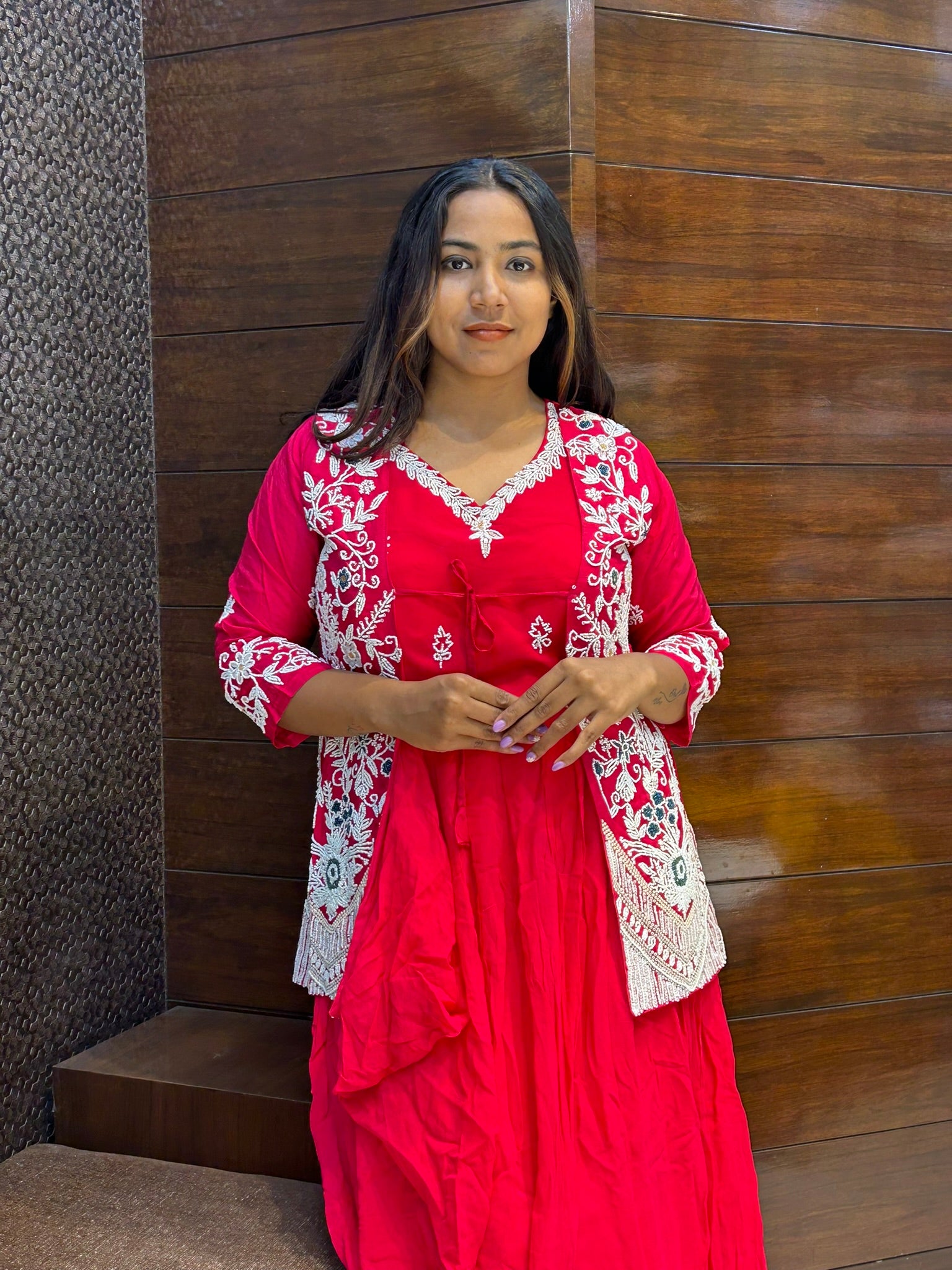 pearl moti work jacket with long gown for wedding and party