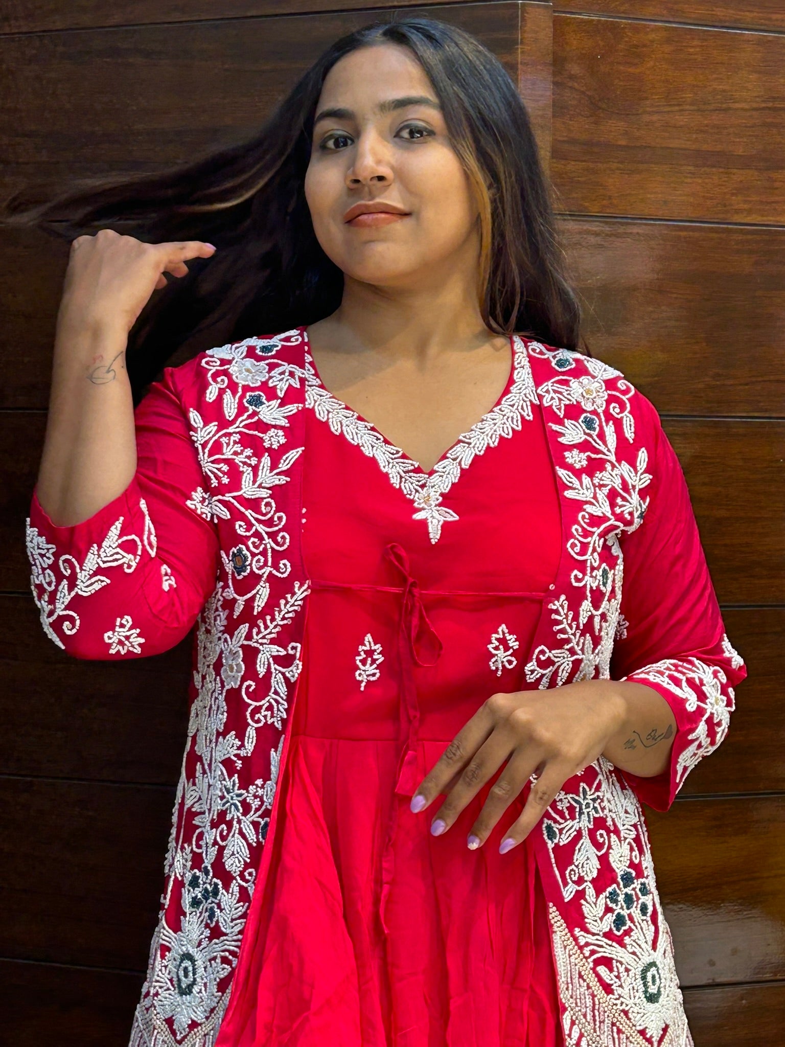 pearl moti work jacket with long gown for wedding and party