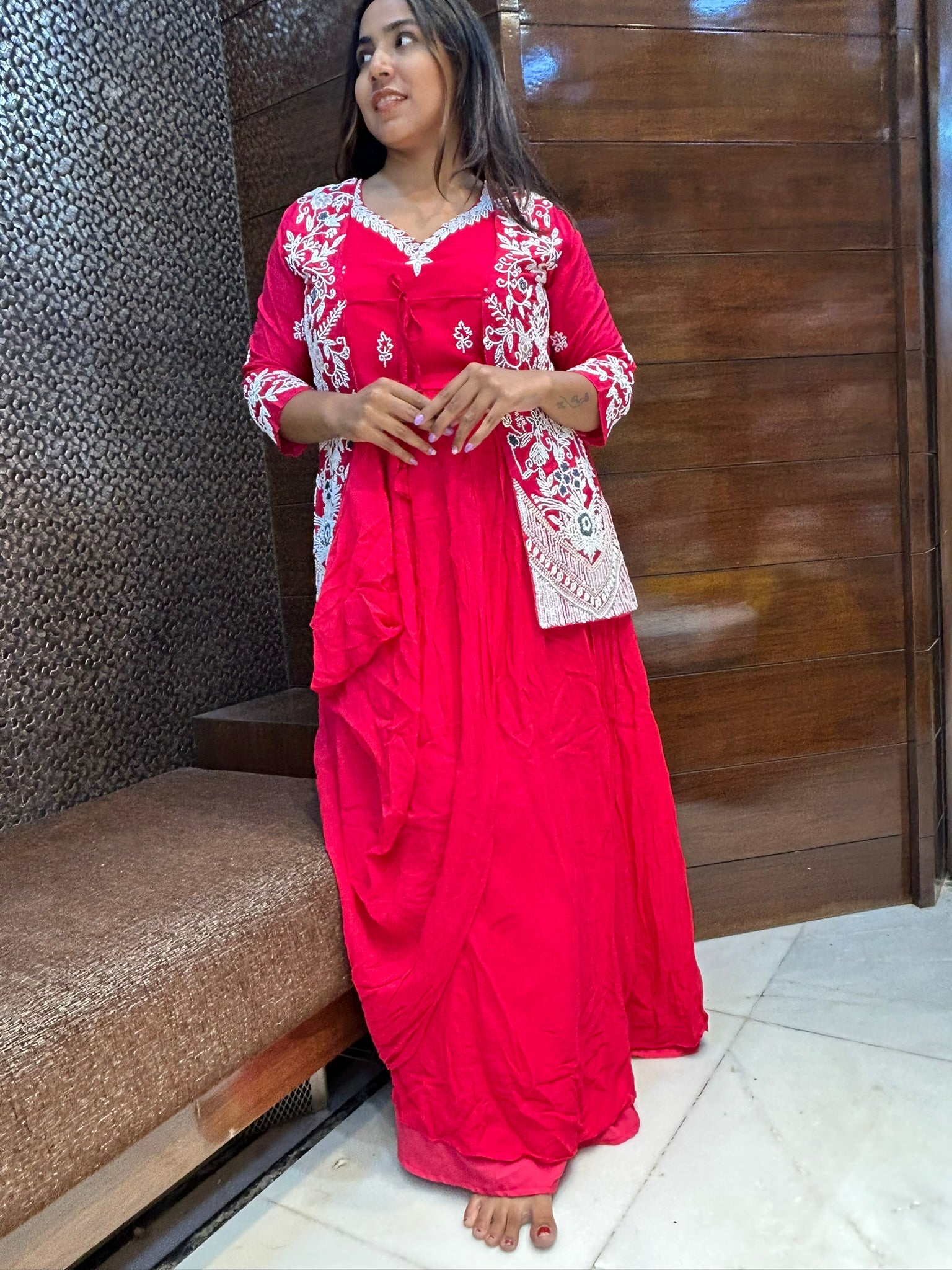 pearl moti work jacket with long gown for wedding and party