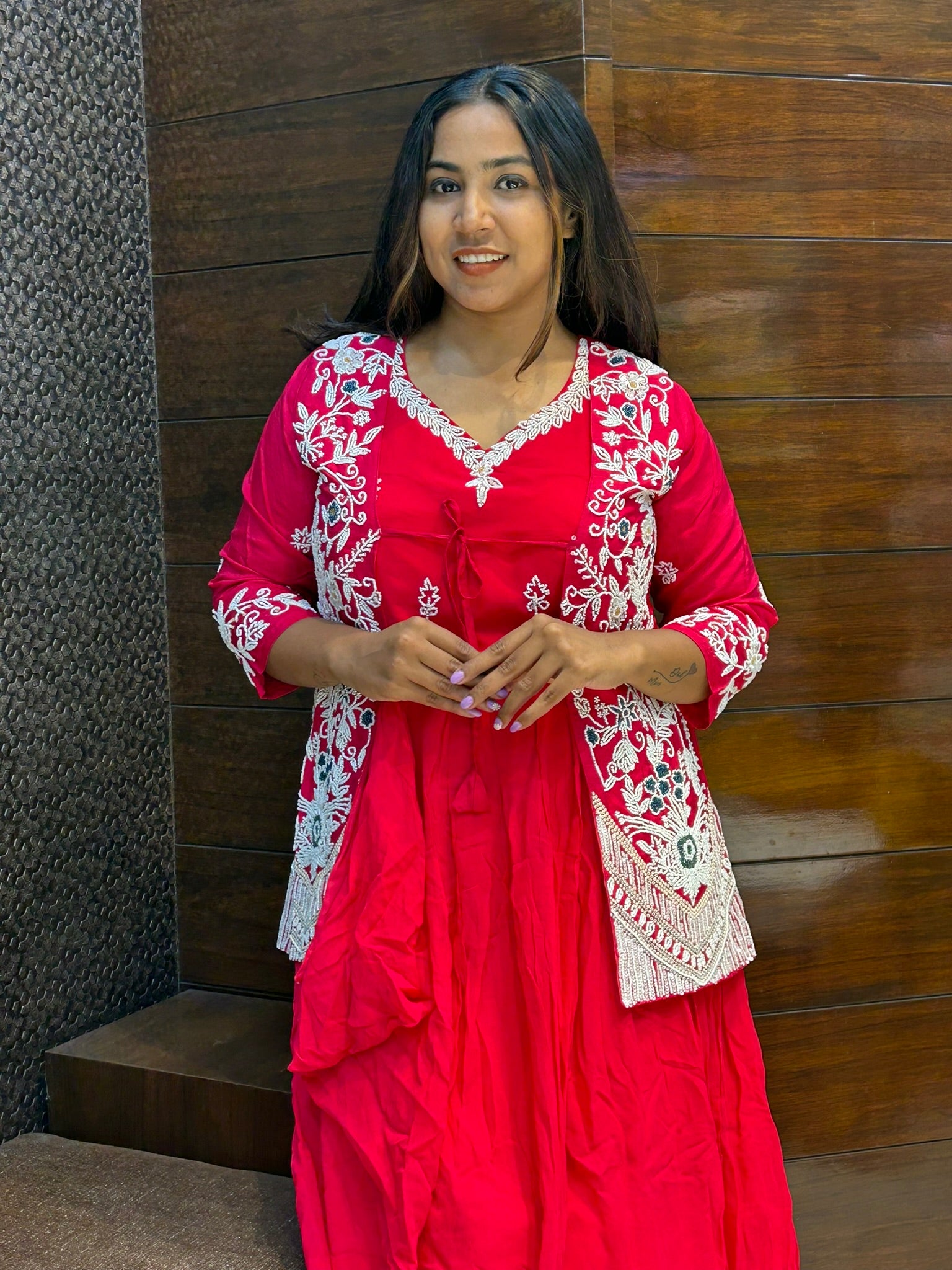 pearl moti work jacket with long gown for wedding and party