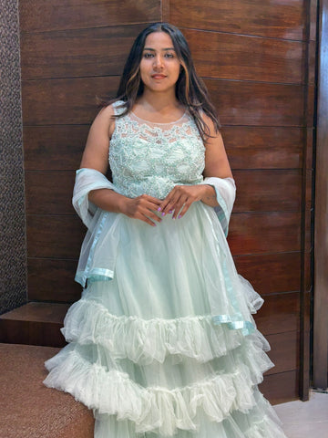 multilayered net long partywear sea gree gown