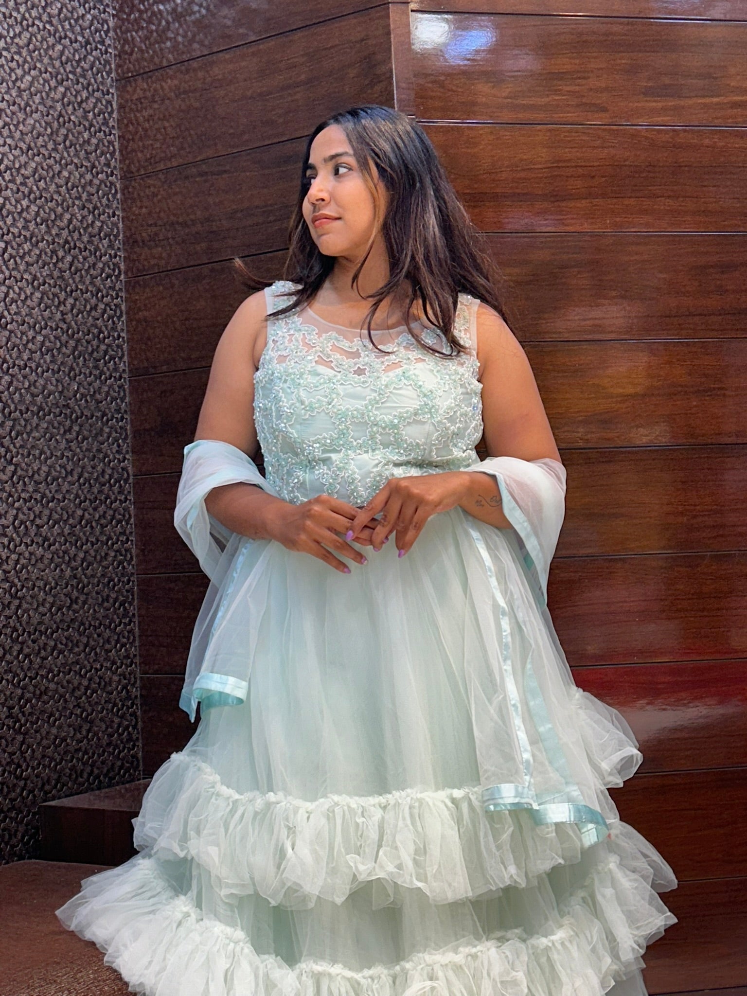 multilayered net long partywear sea gree gown