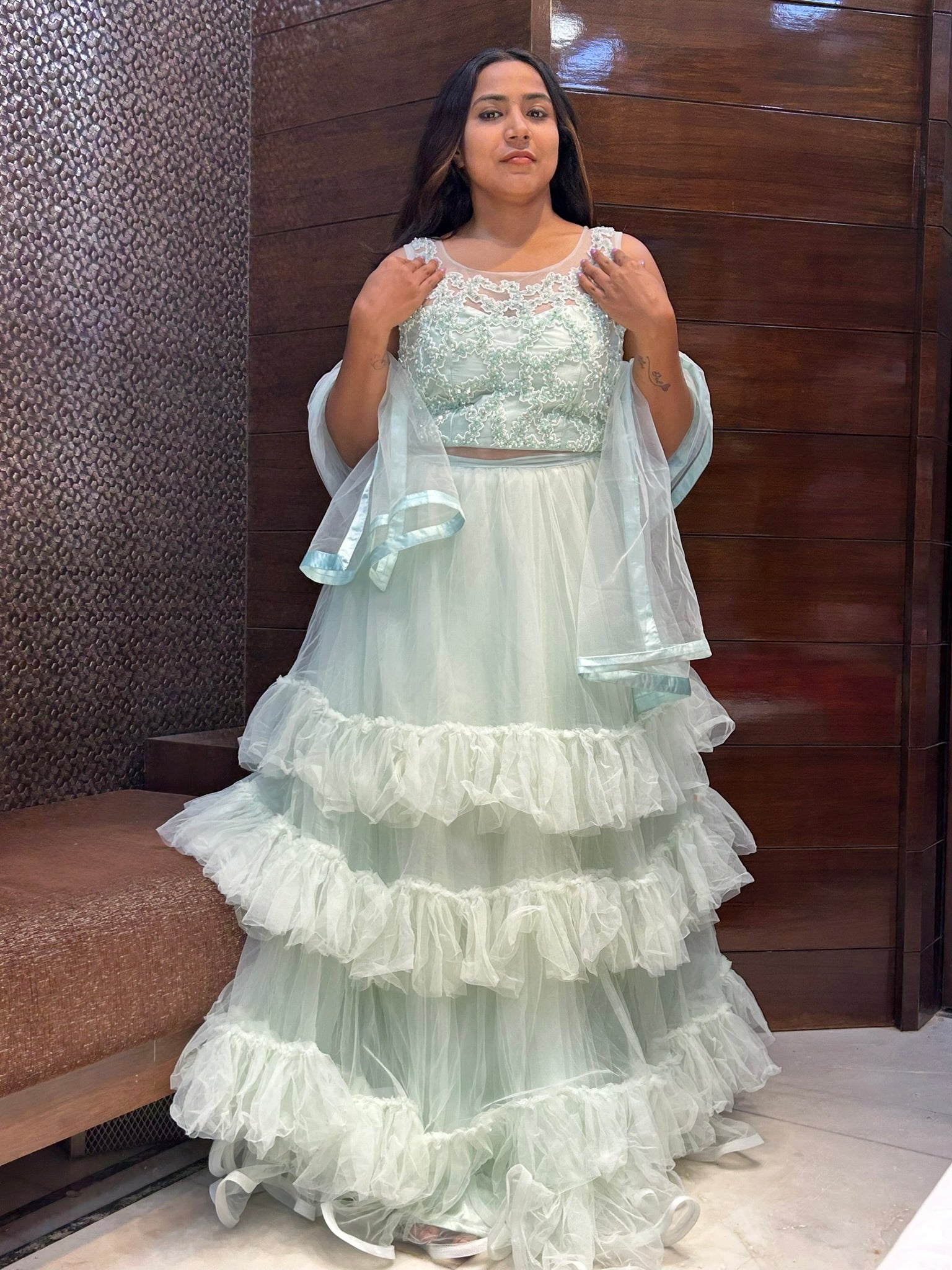multilayered net long partywear sea gree gown