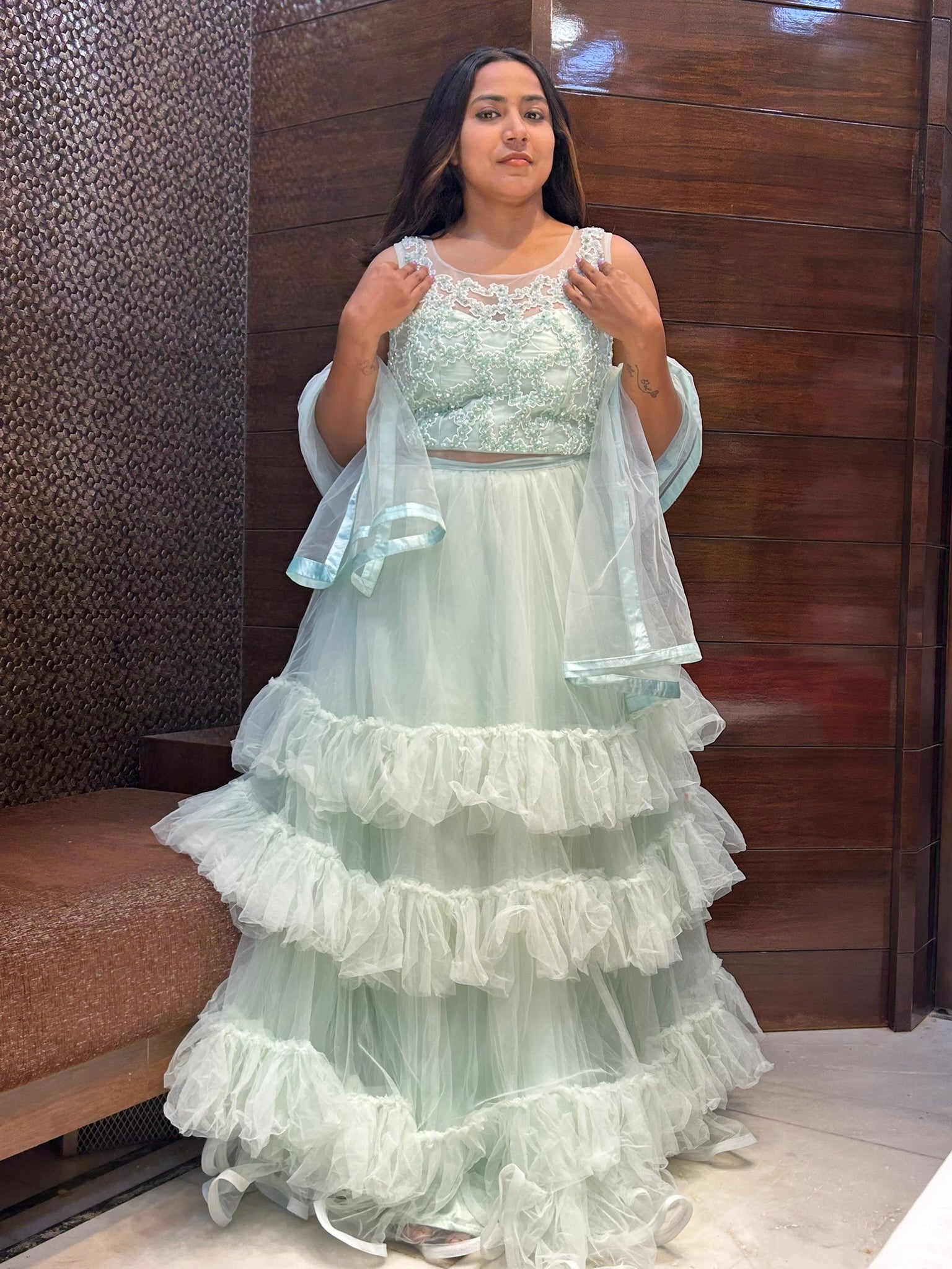 multilayered net long partywear sea gree gown