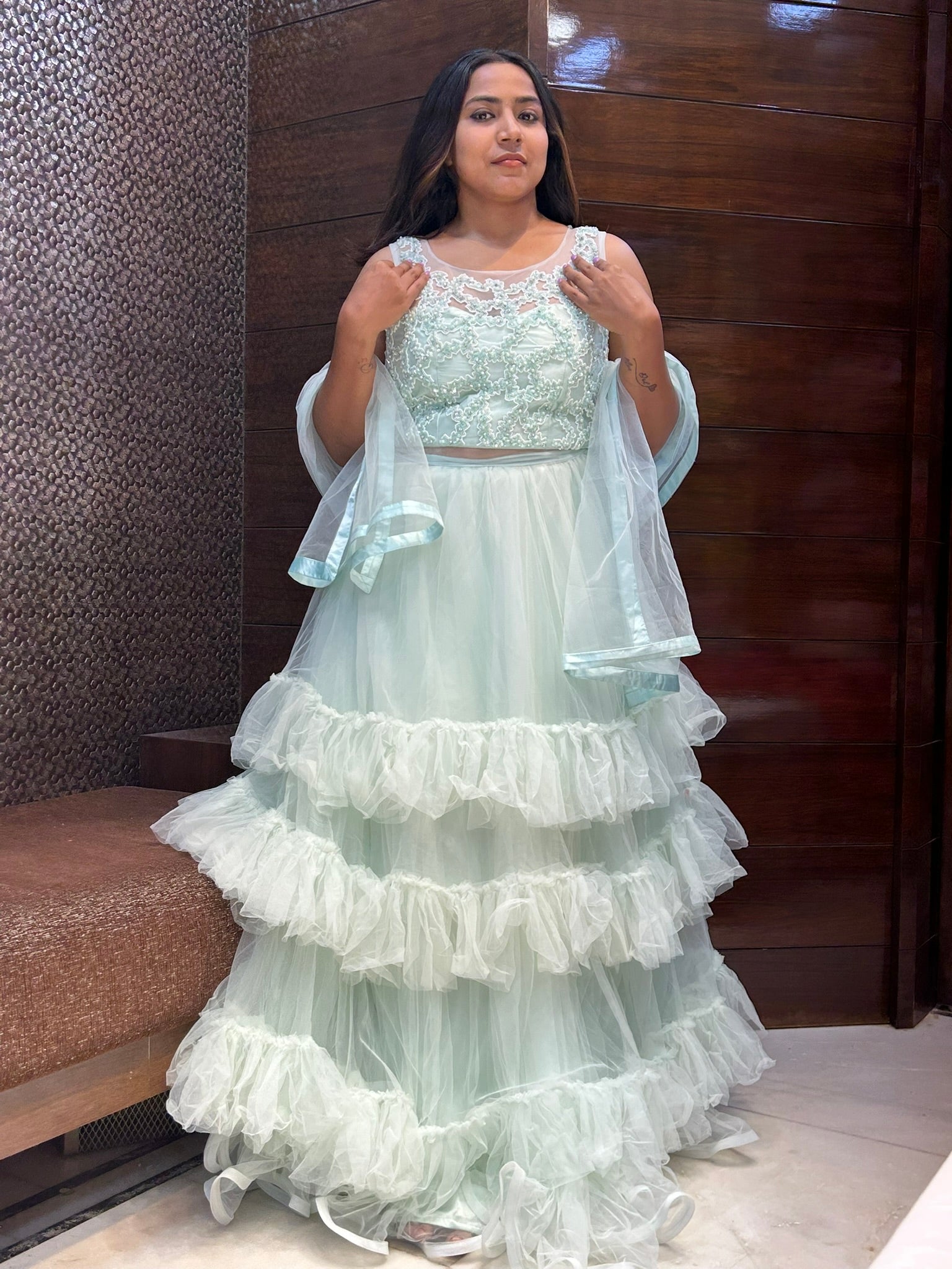multilayered net long partywear sea gree gown