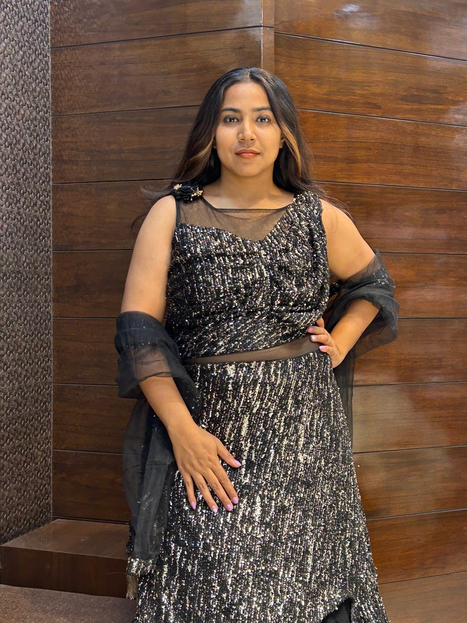 black shiny look double layered partywear gown