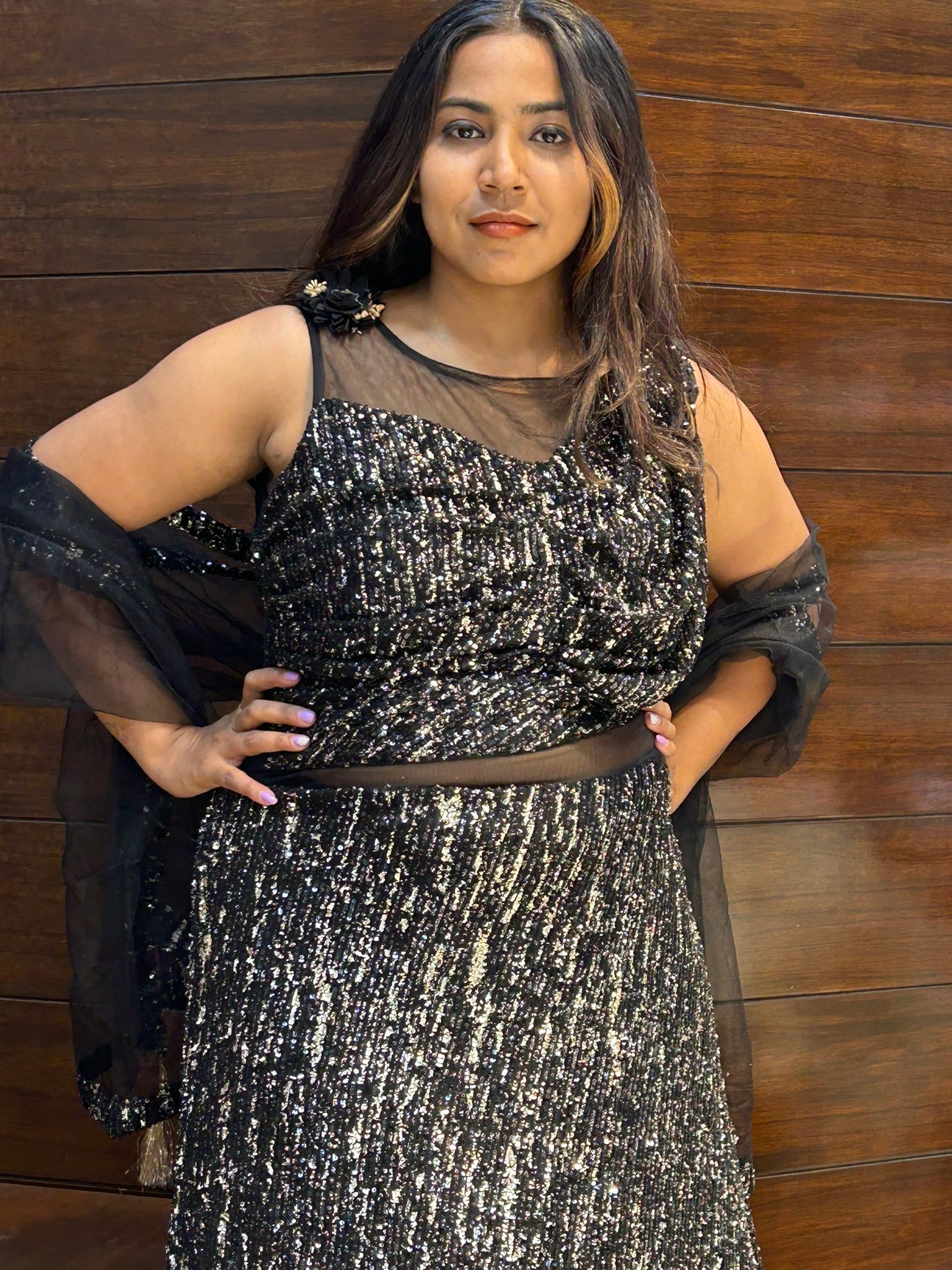 black shiny look double layered partywear gown