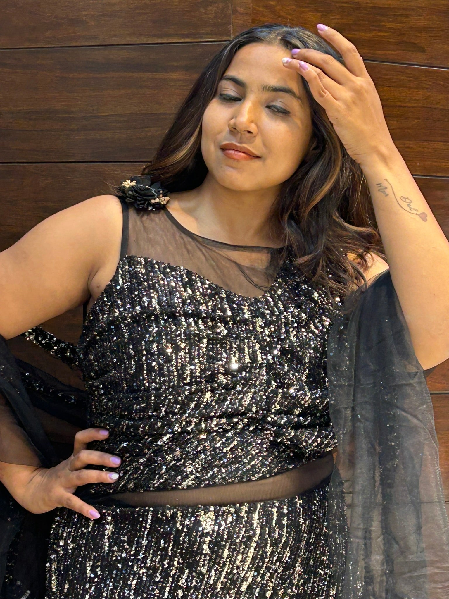 black shiny look double layered partywear gown