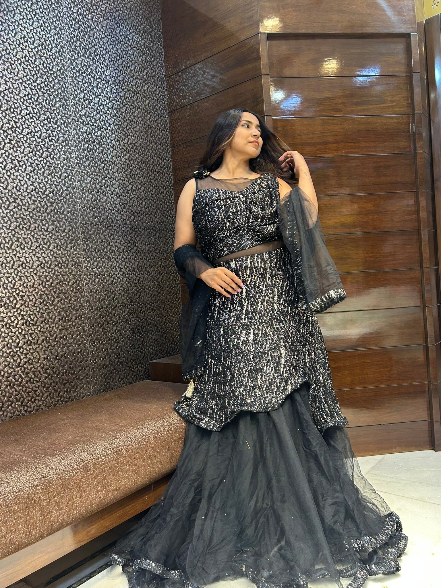 black shiny look double layered partywear gown