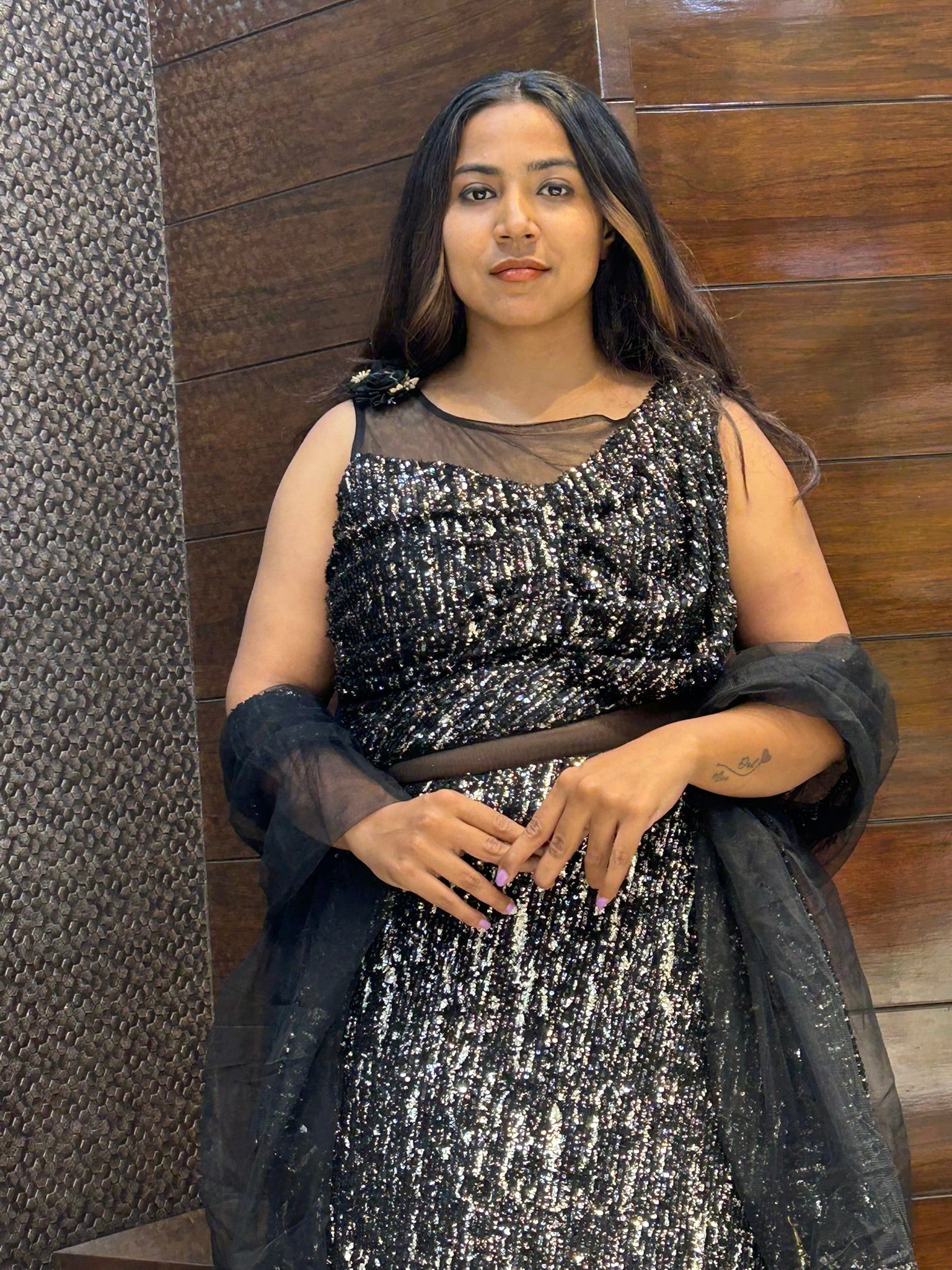 black shiny look double layered partywear gown