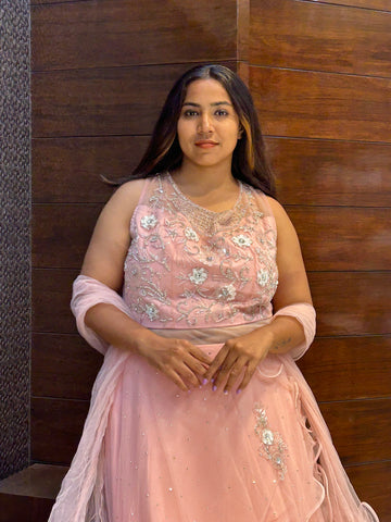 flaired layered long net in stone floral embroidery design