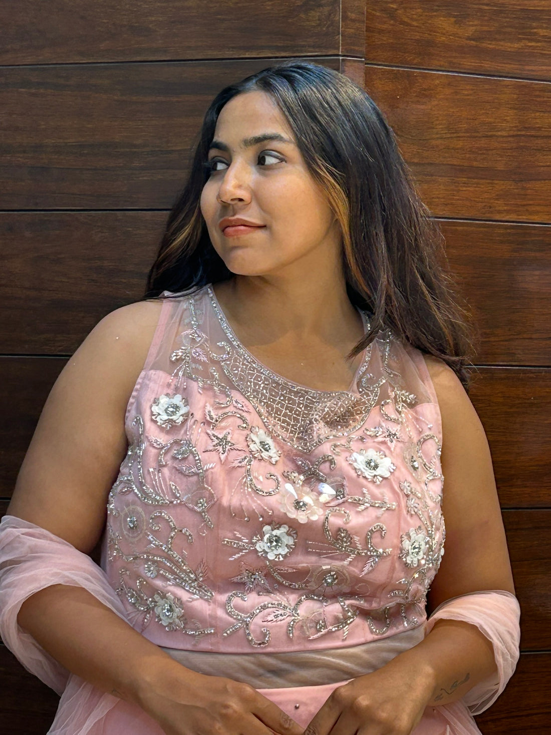 flaired layered long net in stone floral embroidery design