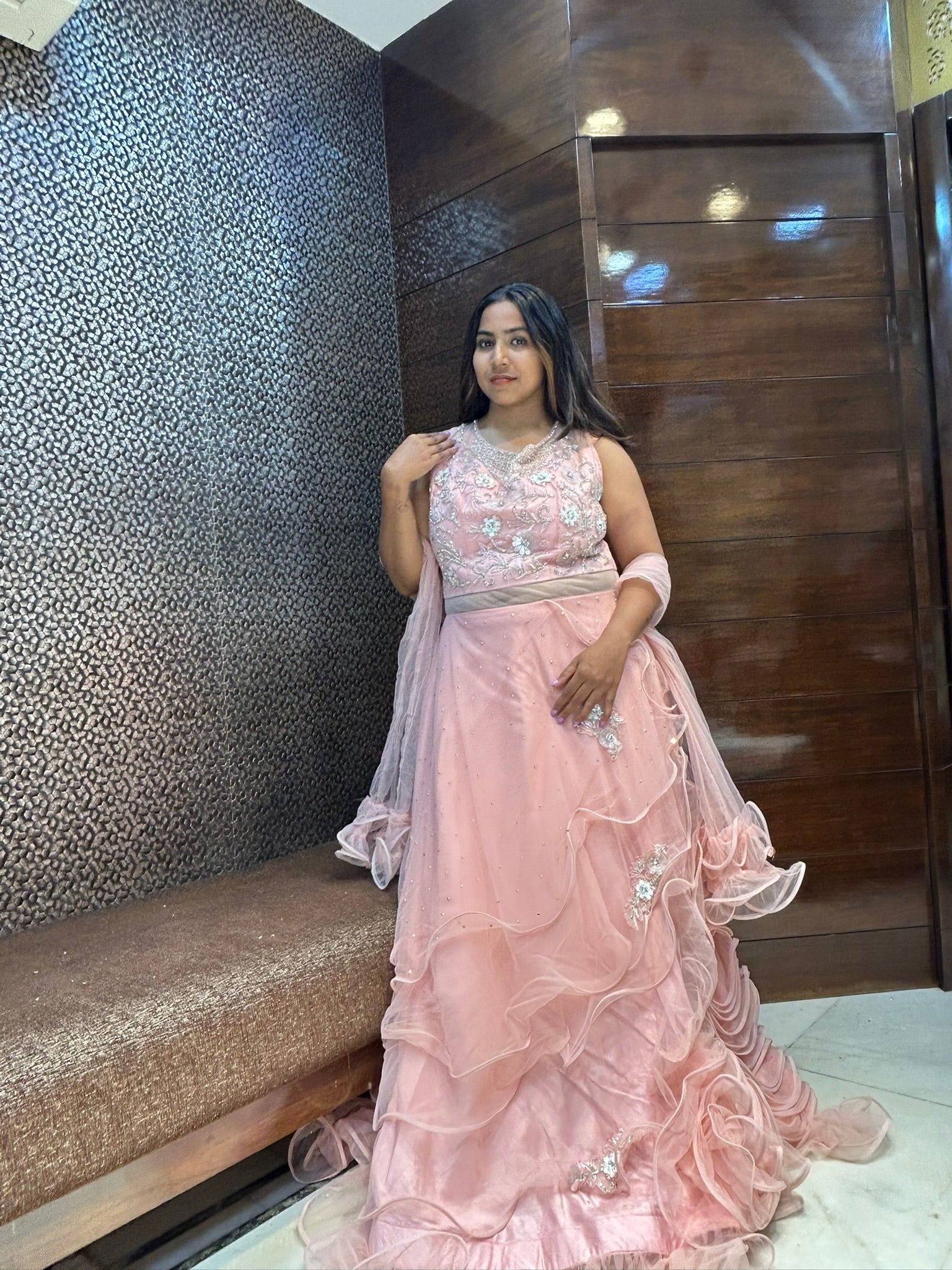 flaired layered long net in stone floral embroidery design