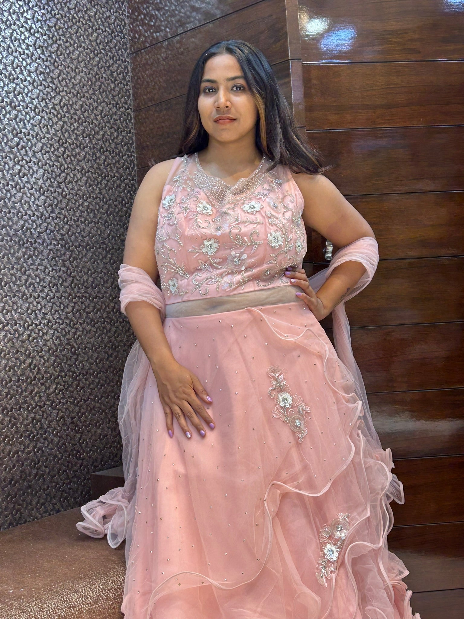 flaired layered long net in stone floral embroidery design