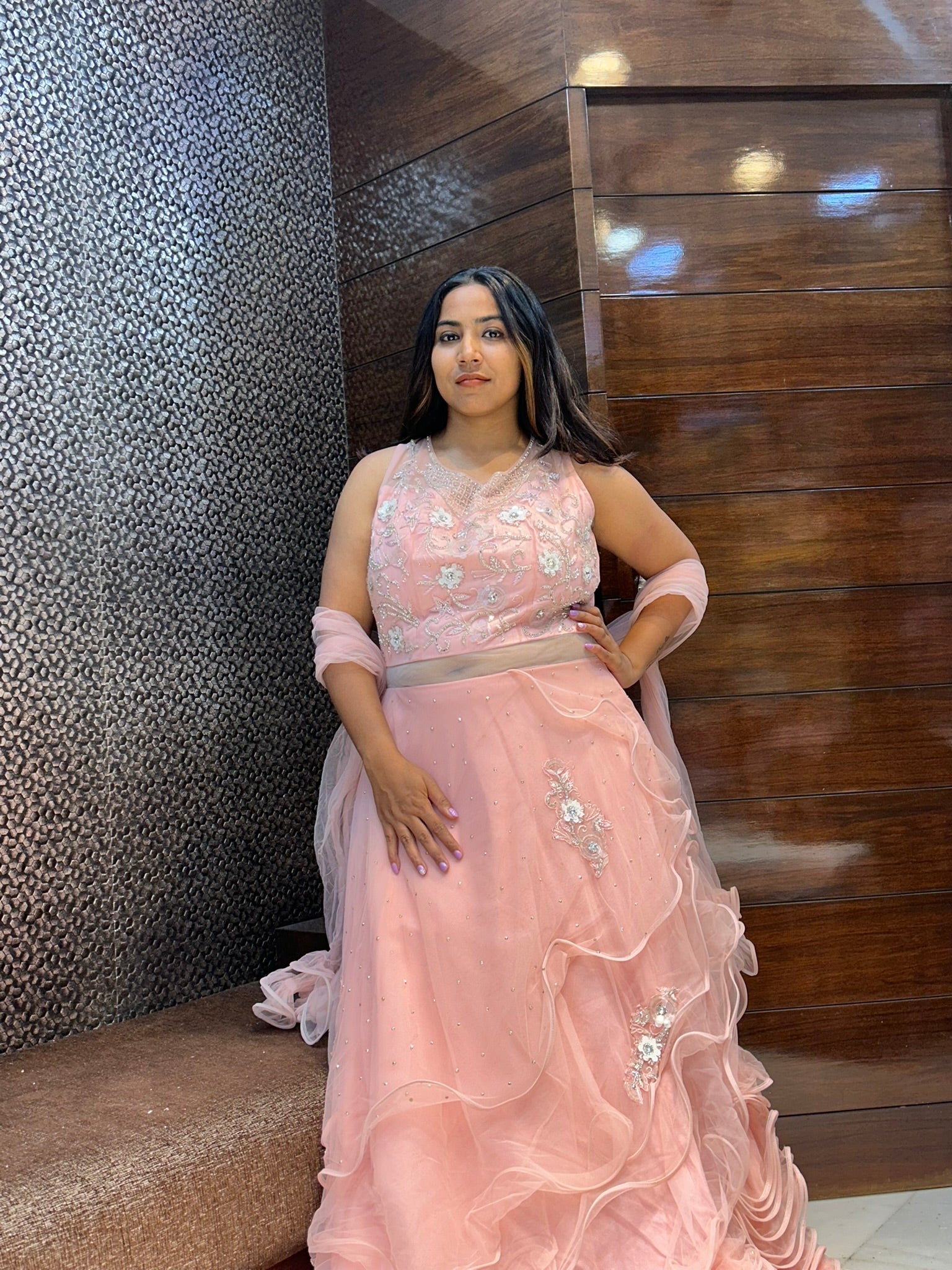 flaired layered long net in stone floral embroidery design