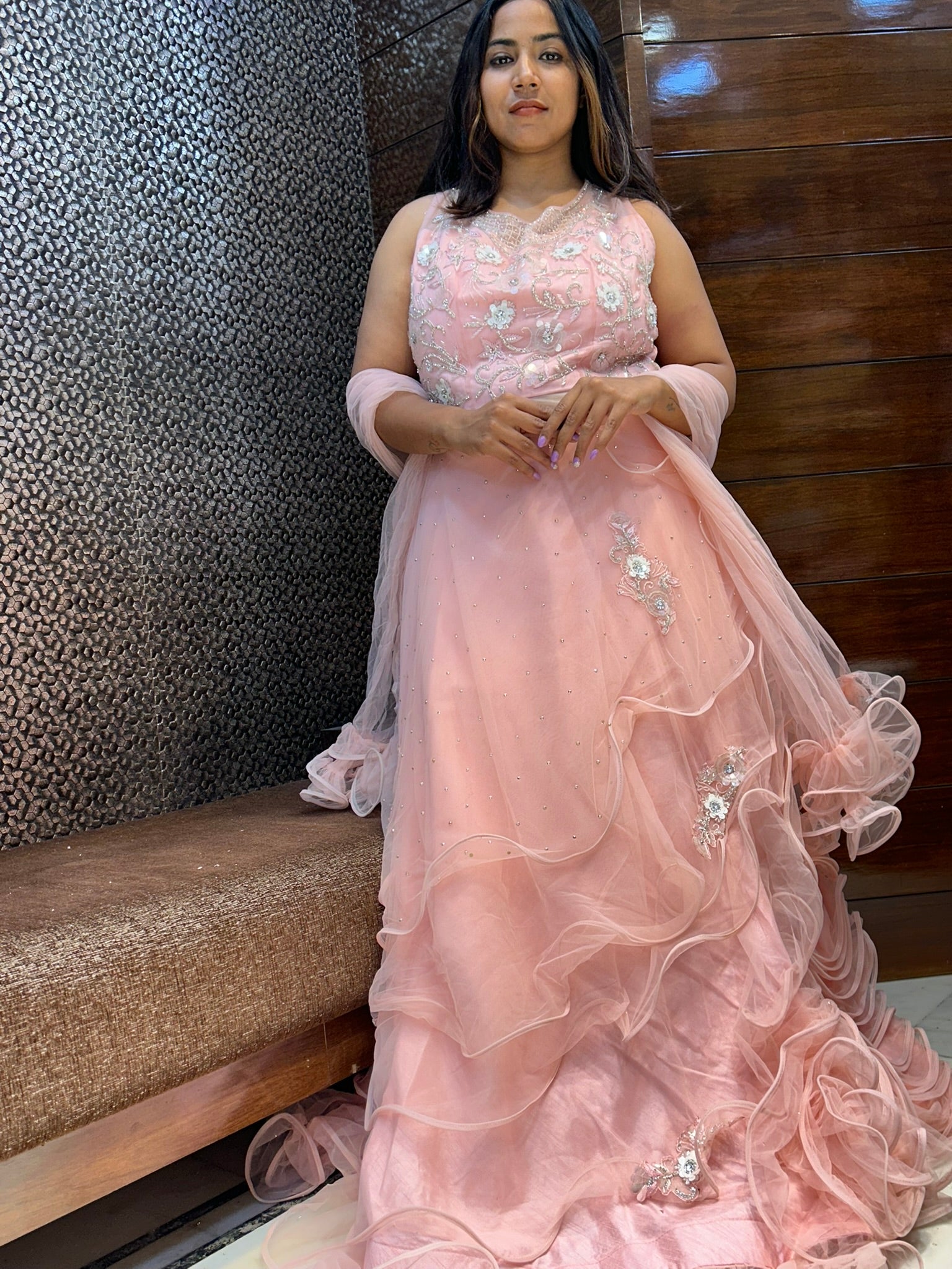 flaired layered long net in stone floral embroidery design