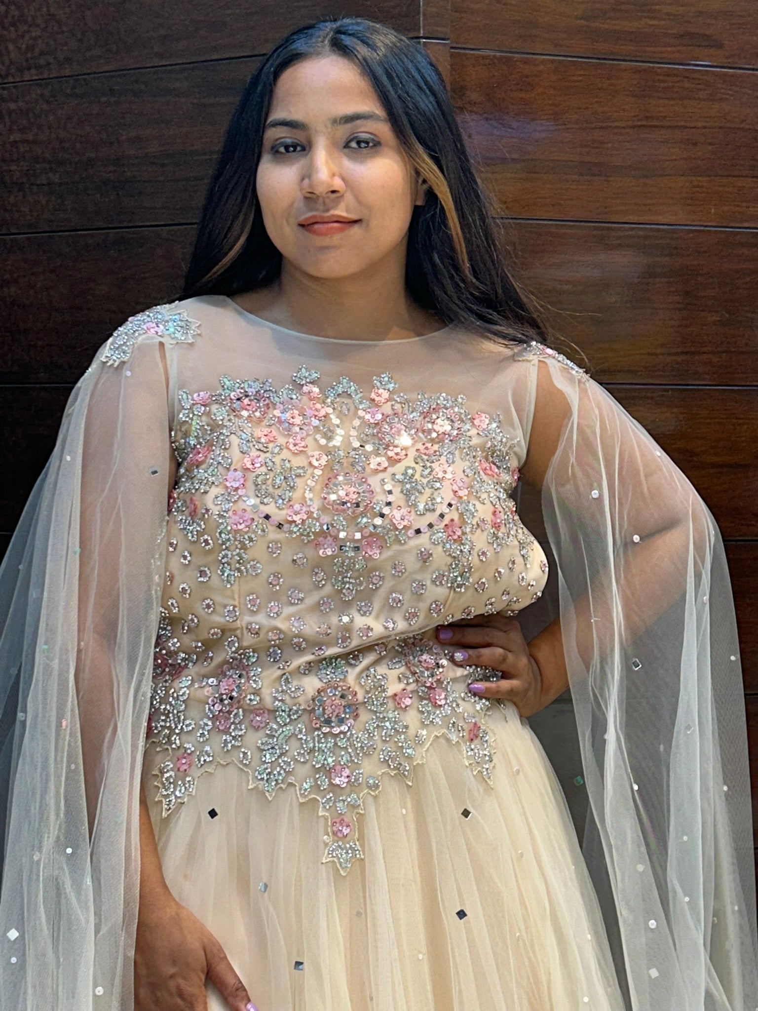 mirror stone leafy designer long selfi seleves partywear gown