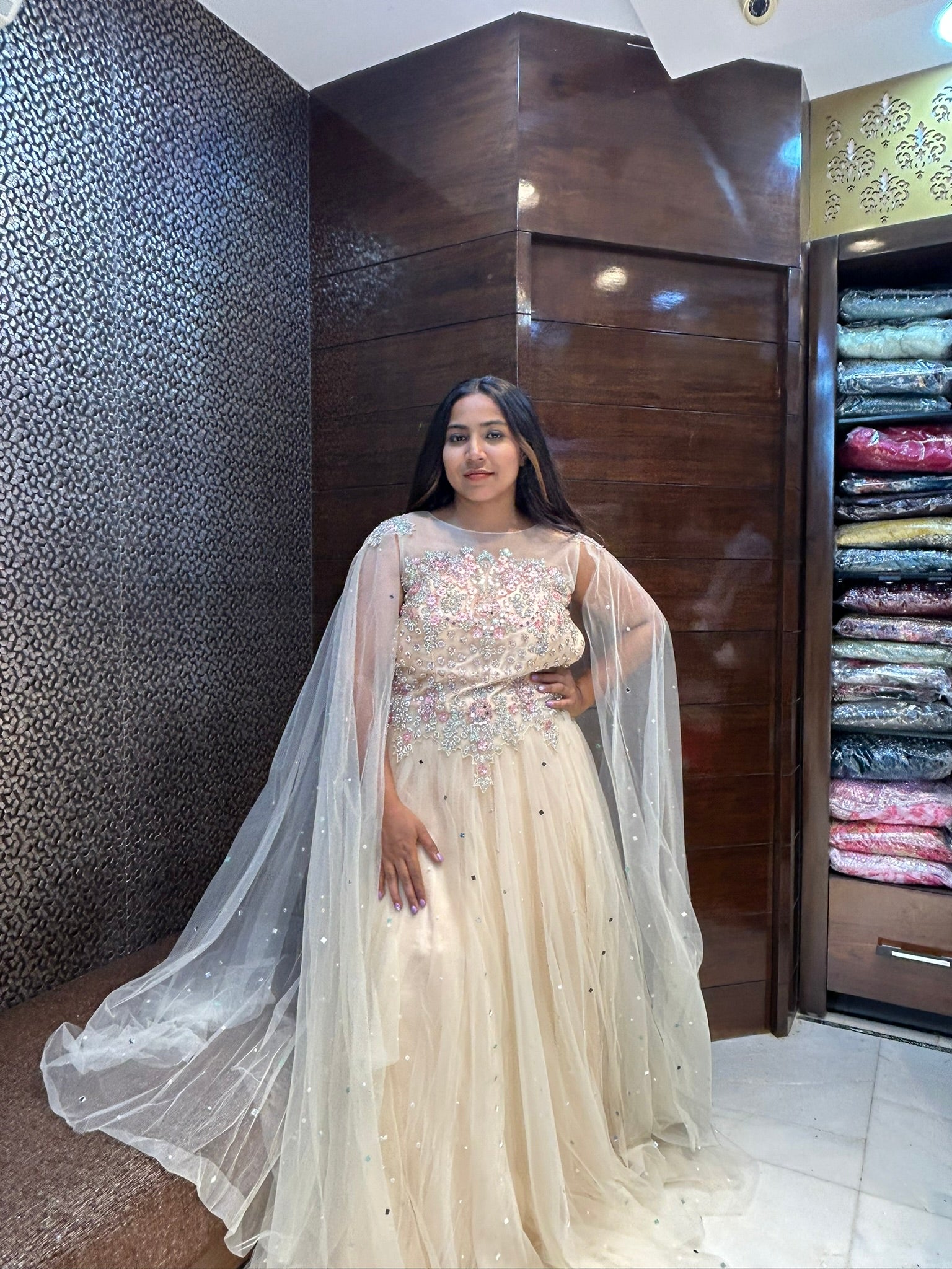 mirror stone leafy designer long selfi seleves partywear gown