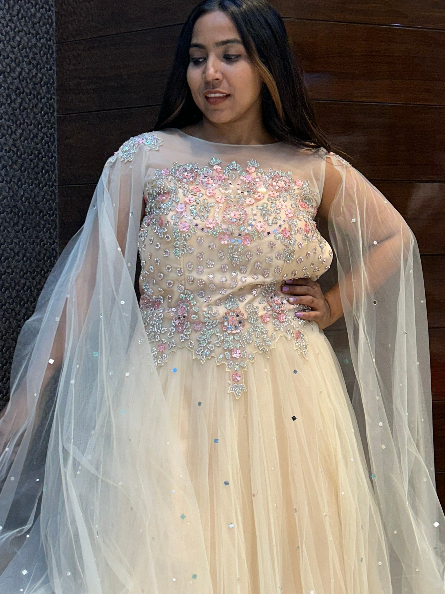 mirror stone leafy designer long selfi seleves partywear gown