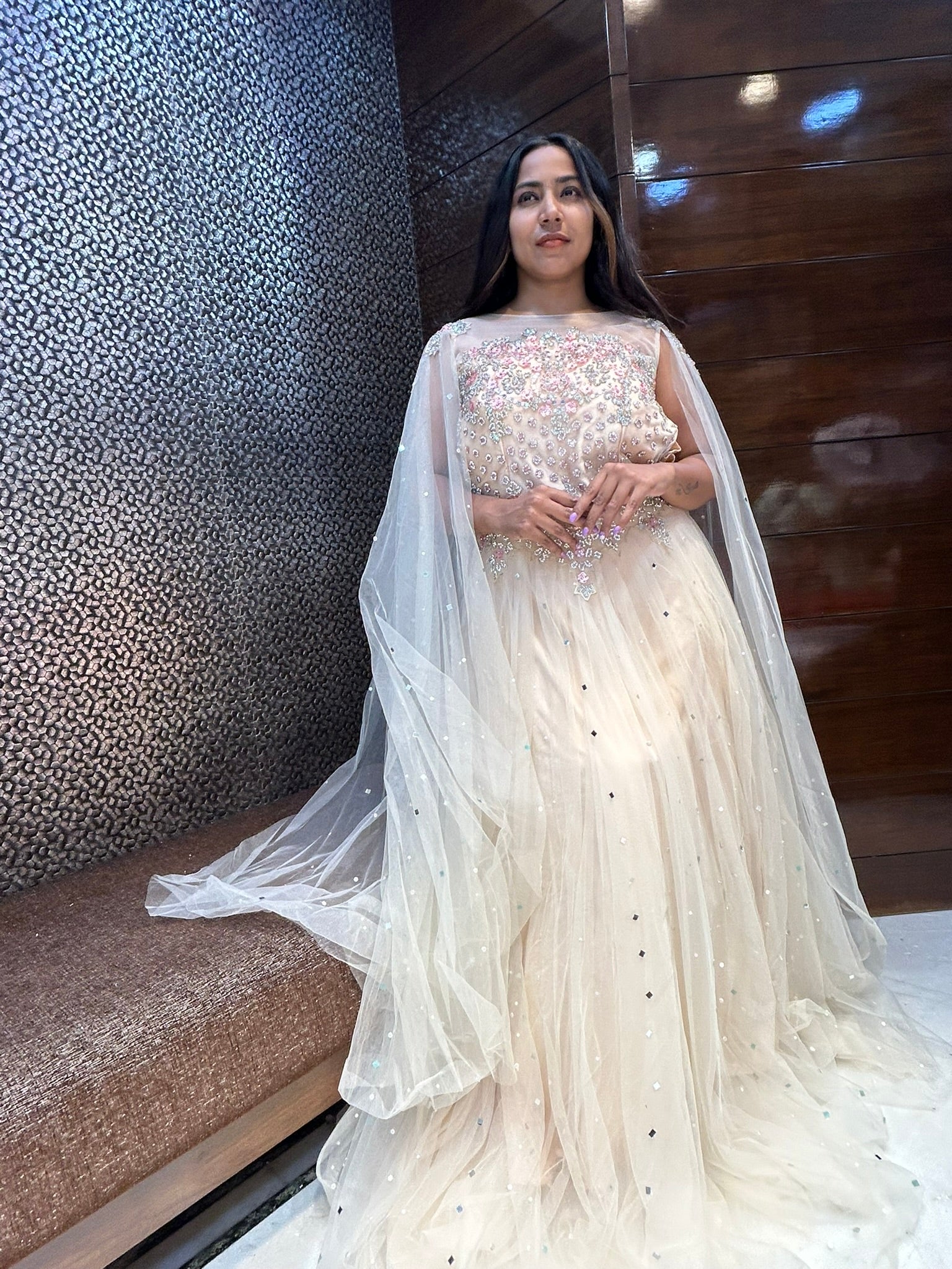 mirror stone leafy designer long selfi seleves partywear gown