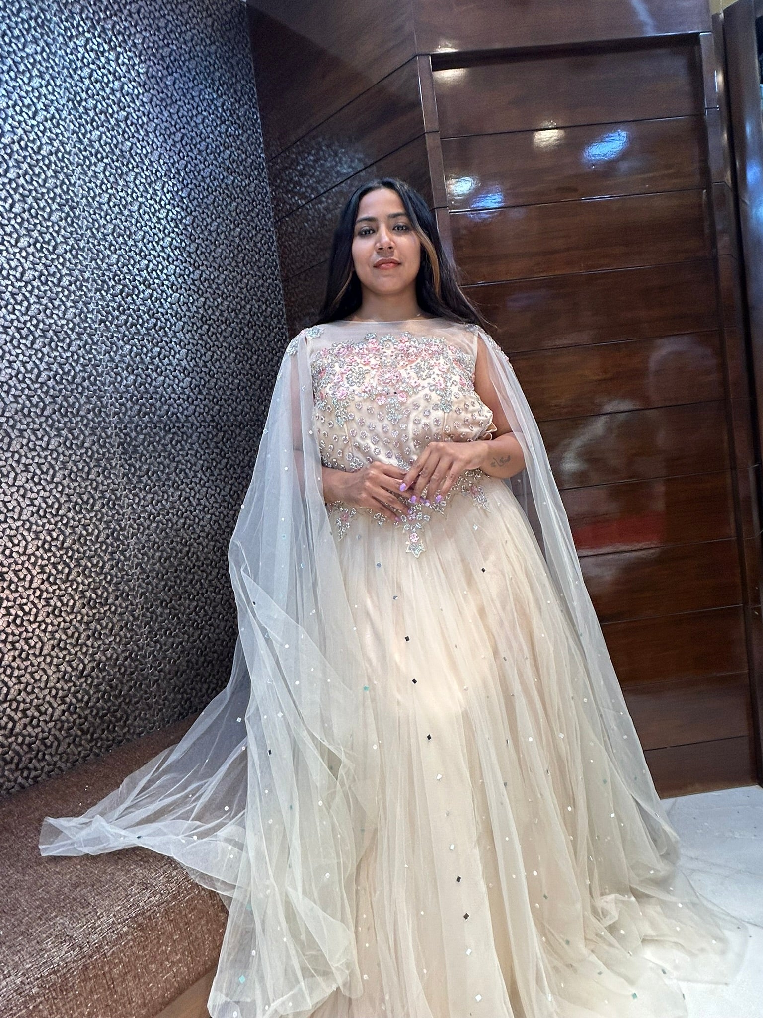 mirror stone leafy designer long selfi seleves partywear gown