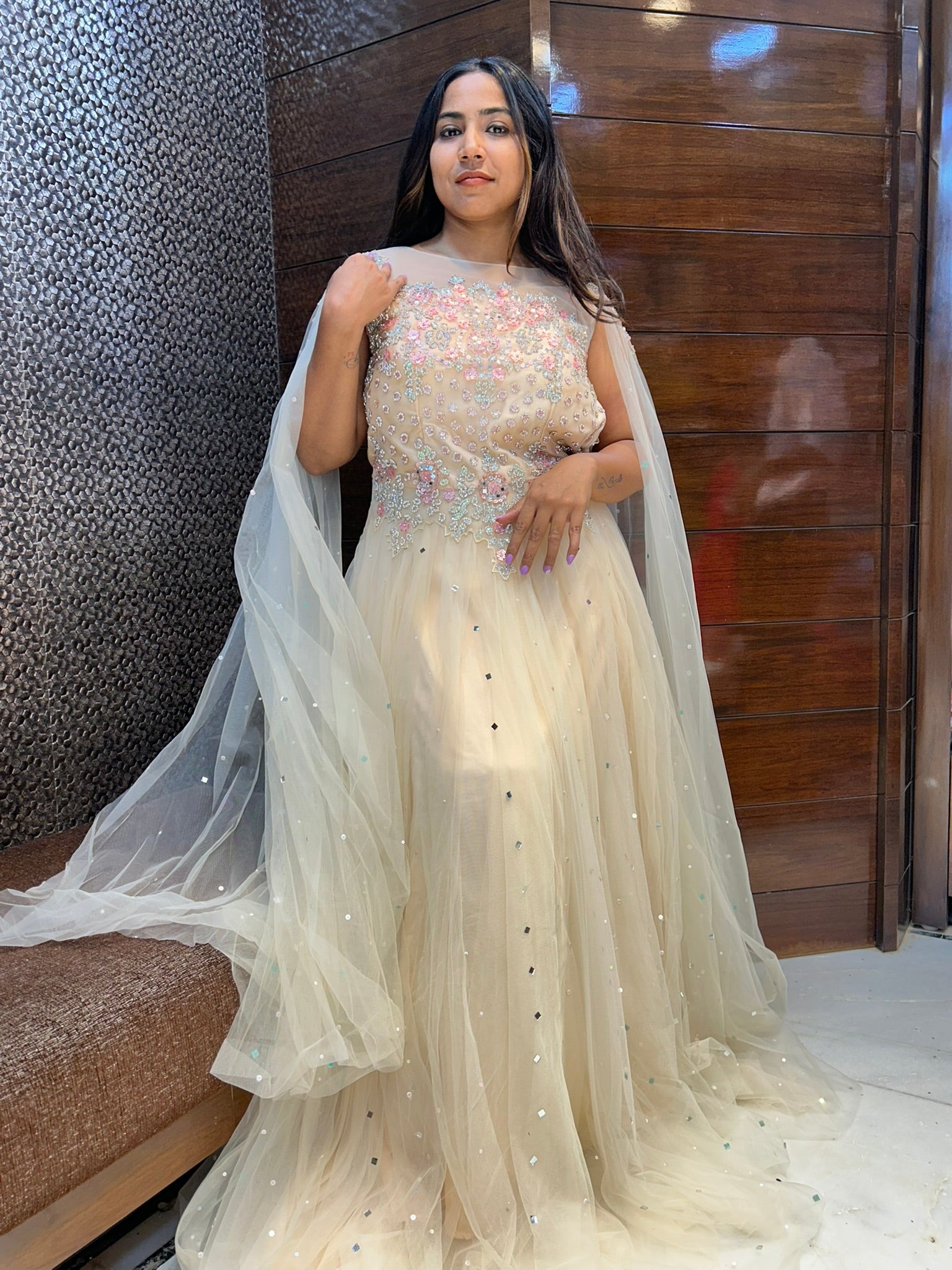 mirror stone leafy designer long selfi seleves partywear gown