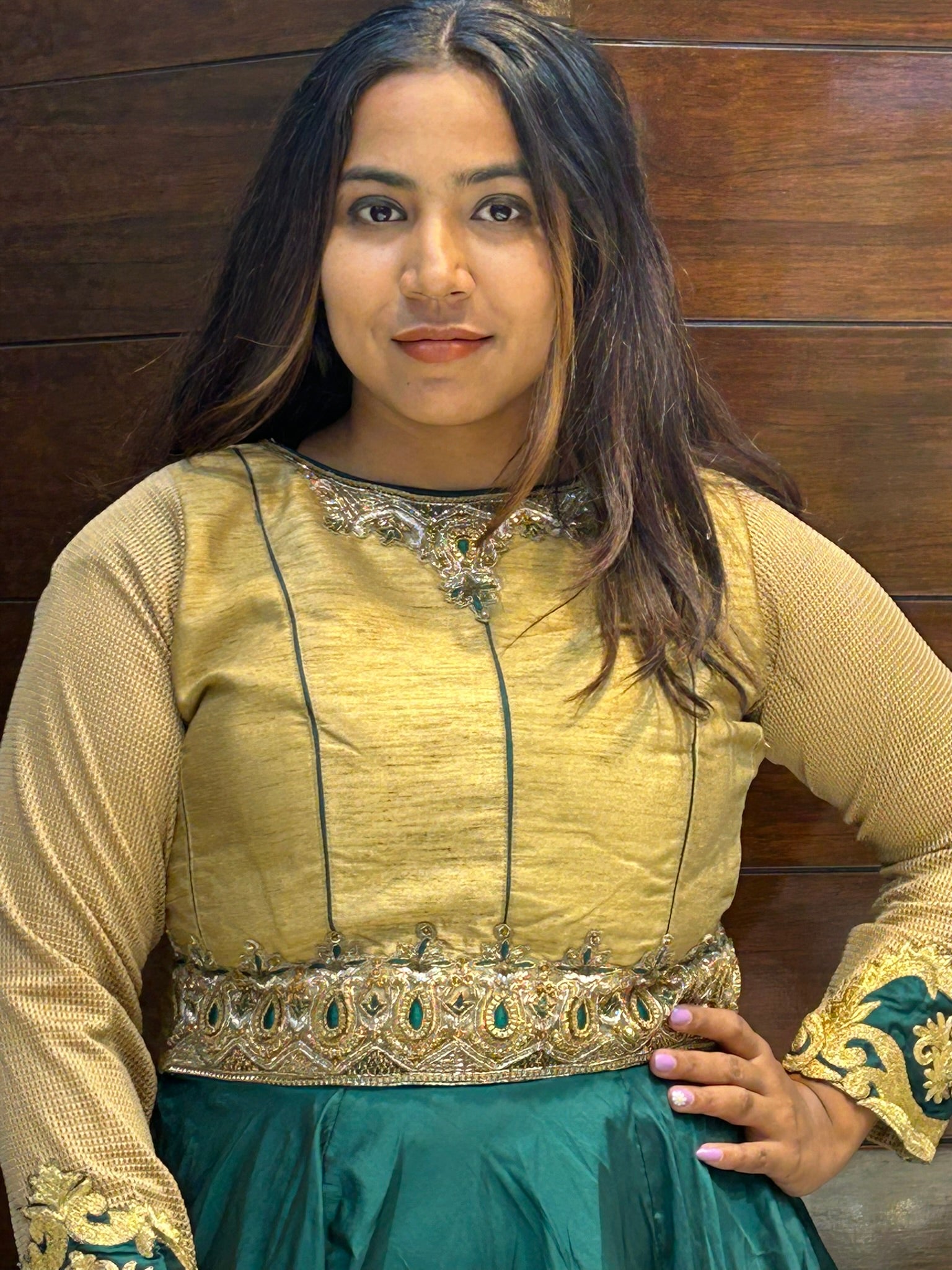 tapeda long seleves partywear gown in teal green