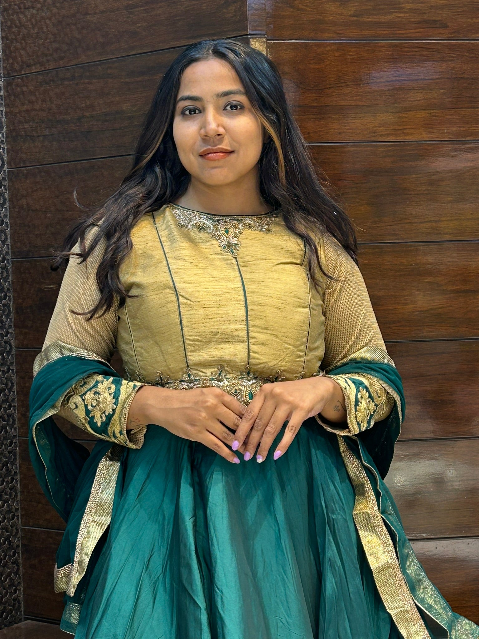 tapeda long seleves partywear gown in teal green