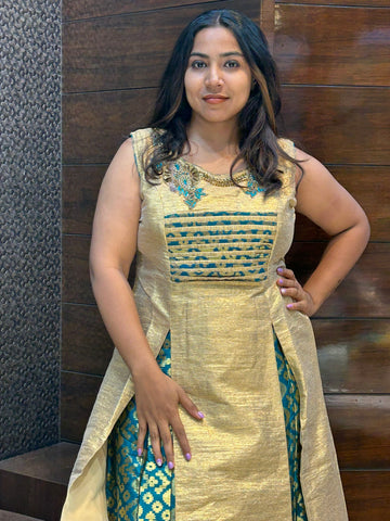 front two cuts long top with lehenga in banarasi indo western