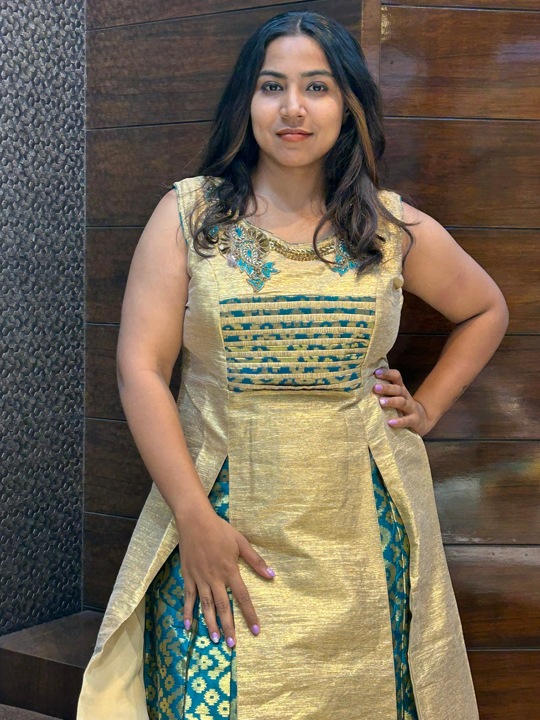 front two cuts long top with lehenga in banarasi indo western