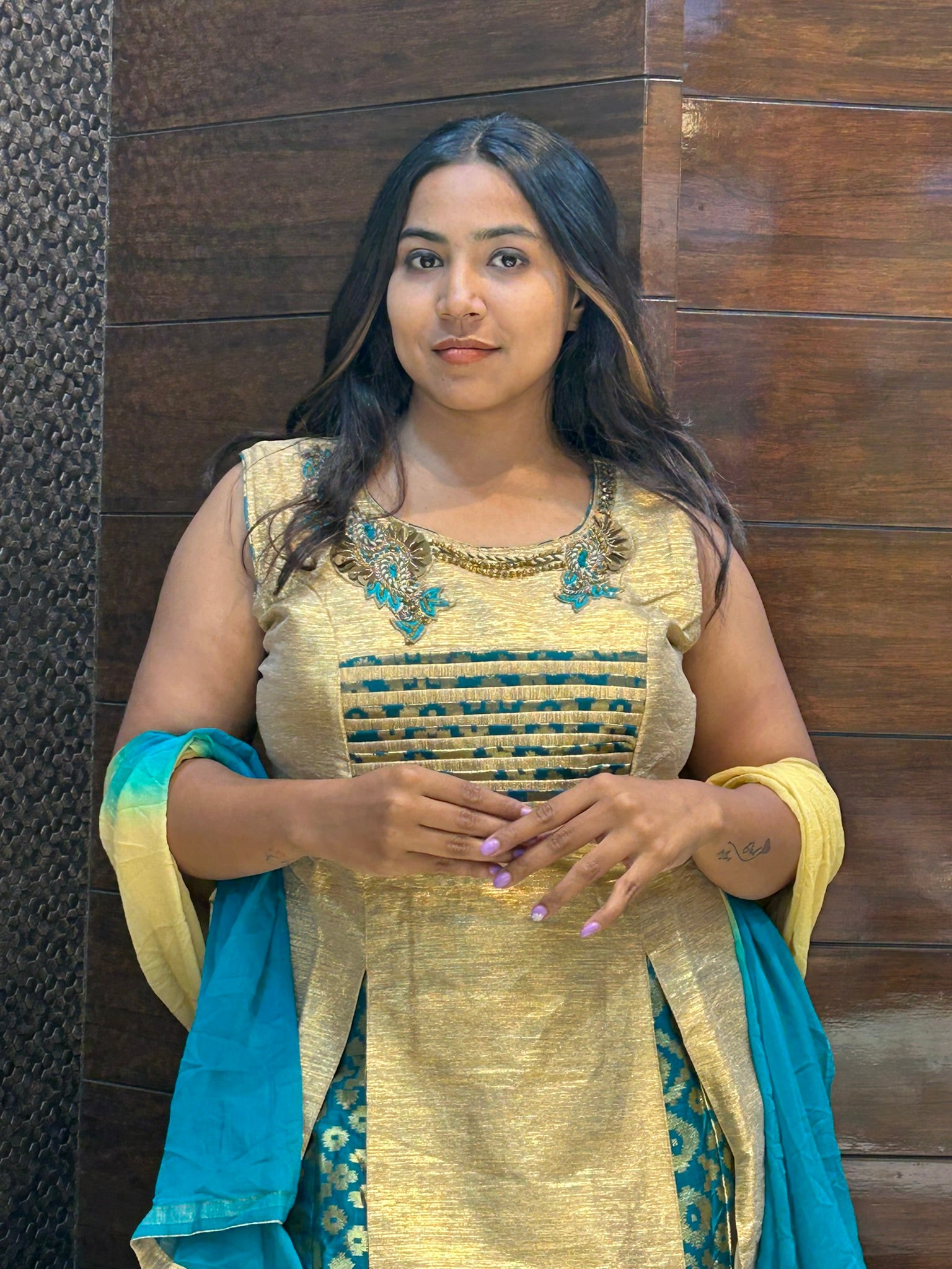 front two cuts long top with lehenga in banarasi indo western