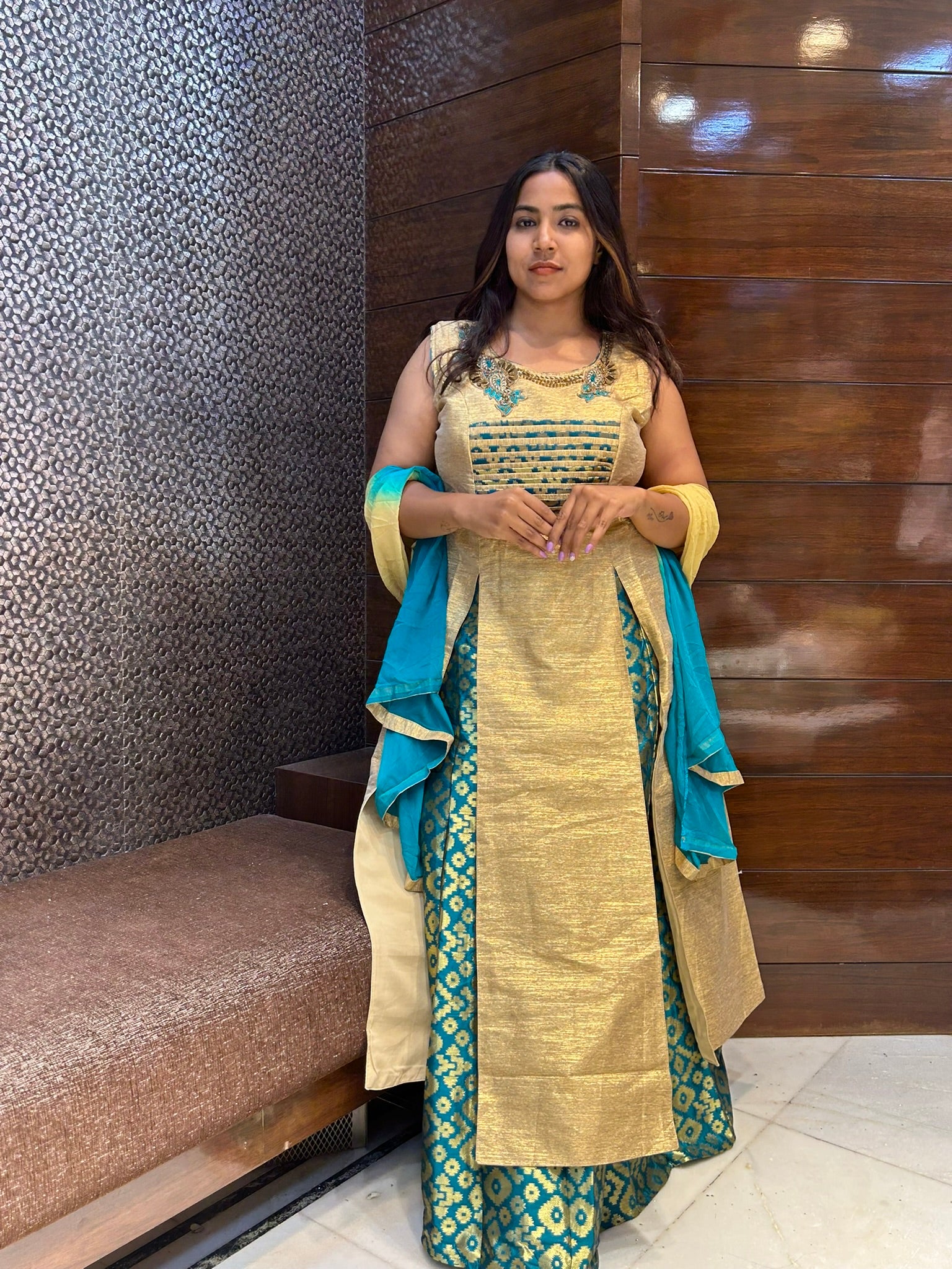 front two cuts long top with lehenga in banarasi indo western