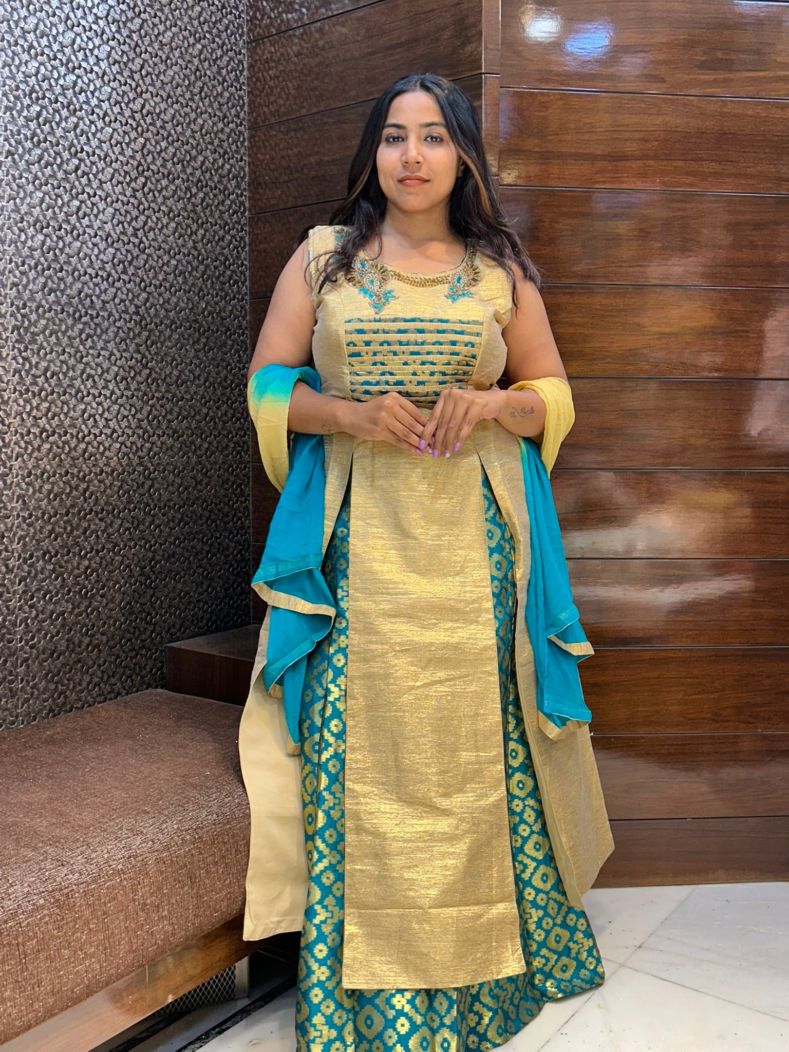 front two cuts long top with lehenga in banarasi indo western