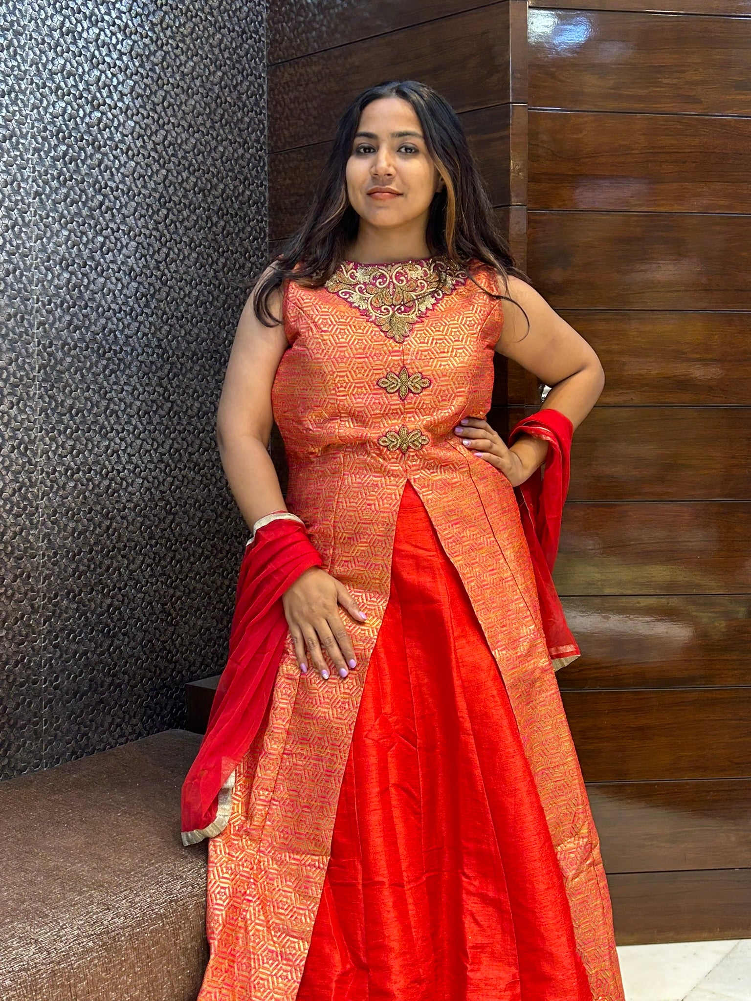 raw silk lehega banarasi brasso print top indo western lehenga