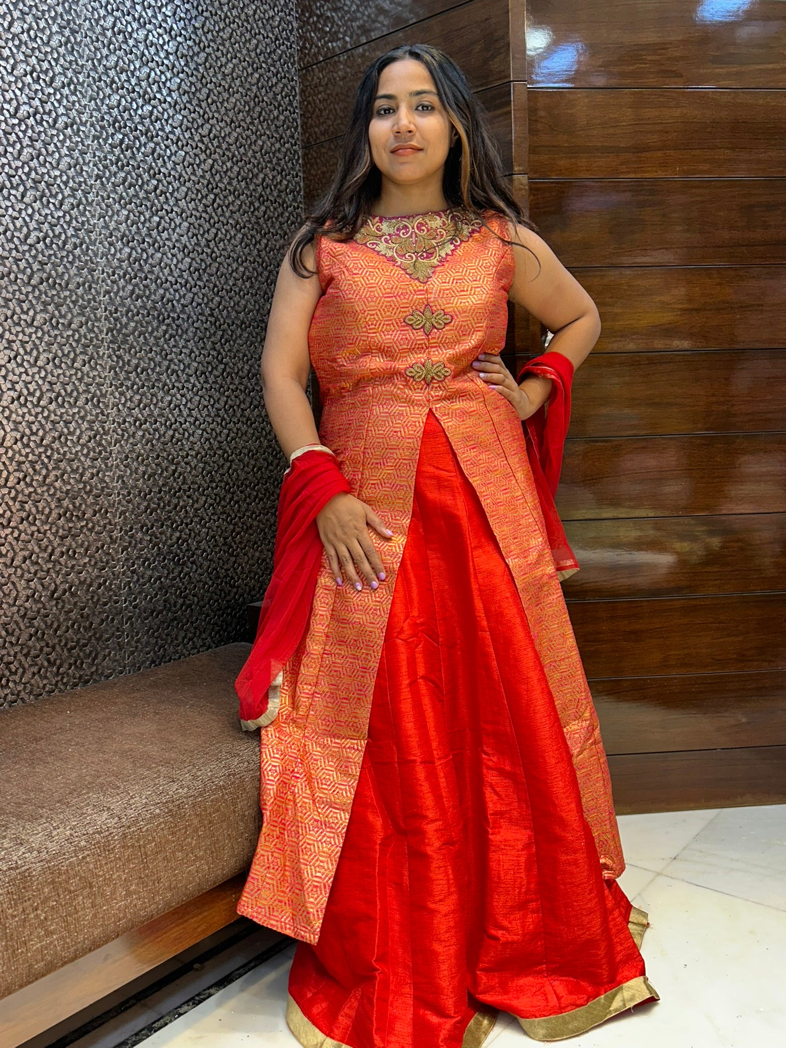 raw silk lehega banarasi brasso print top indo western lehenga