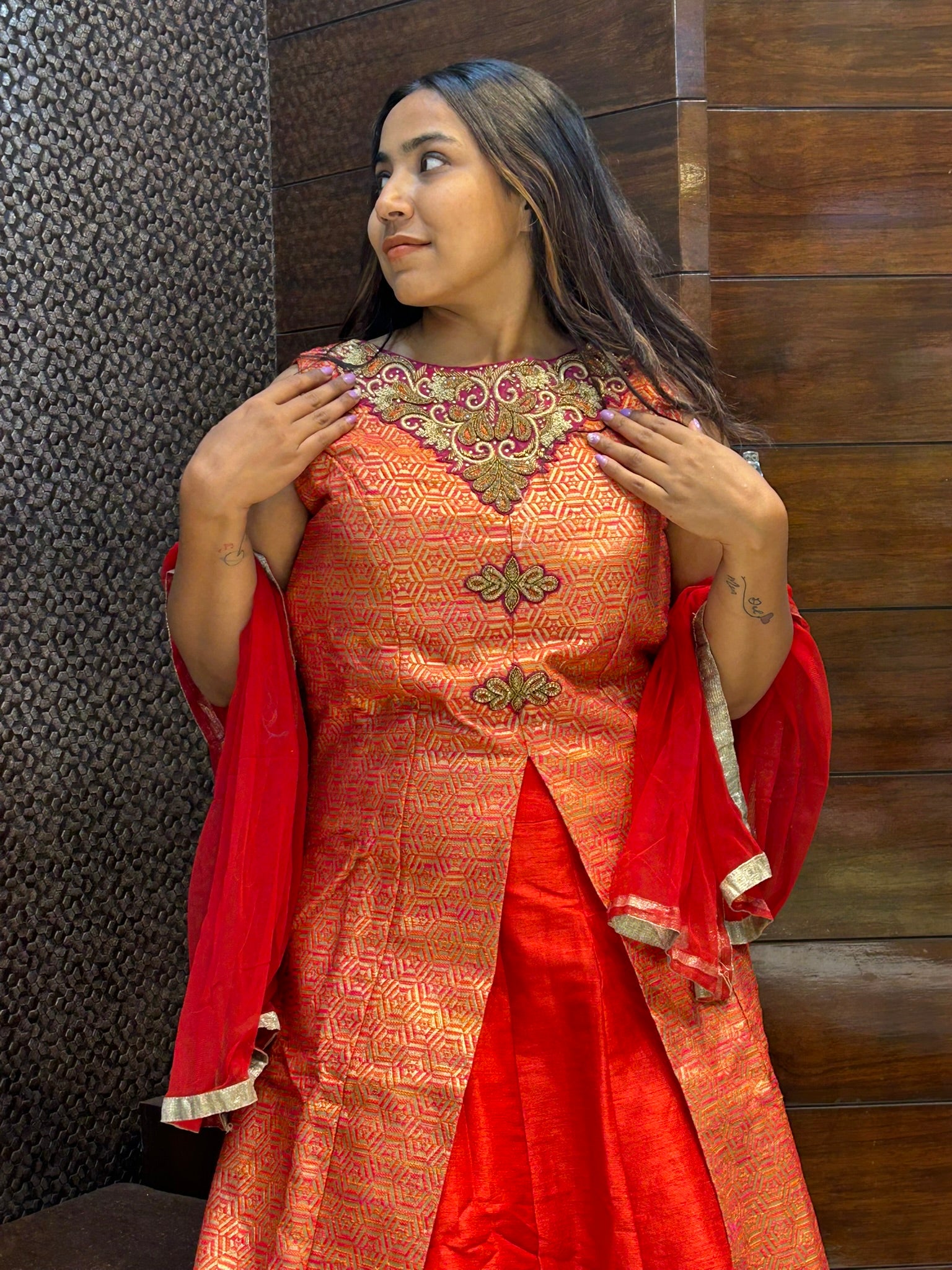 raw silk lehega banarasi brasso print top indo western lehenga