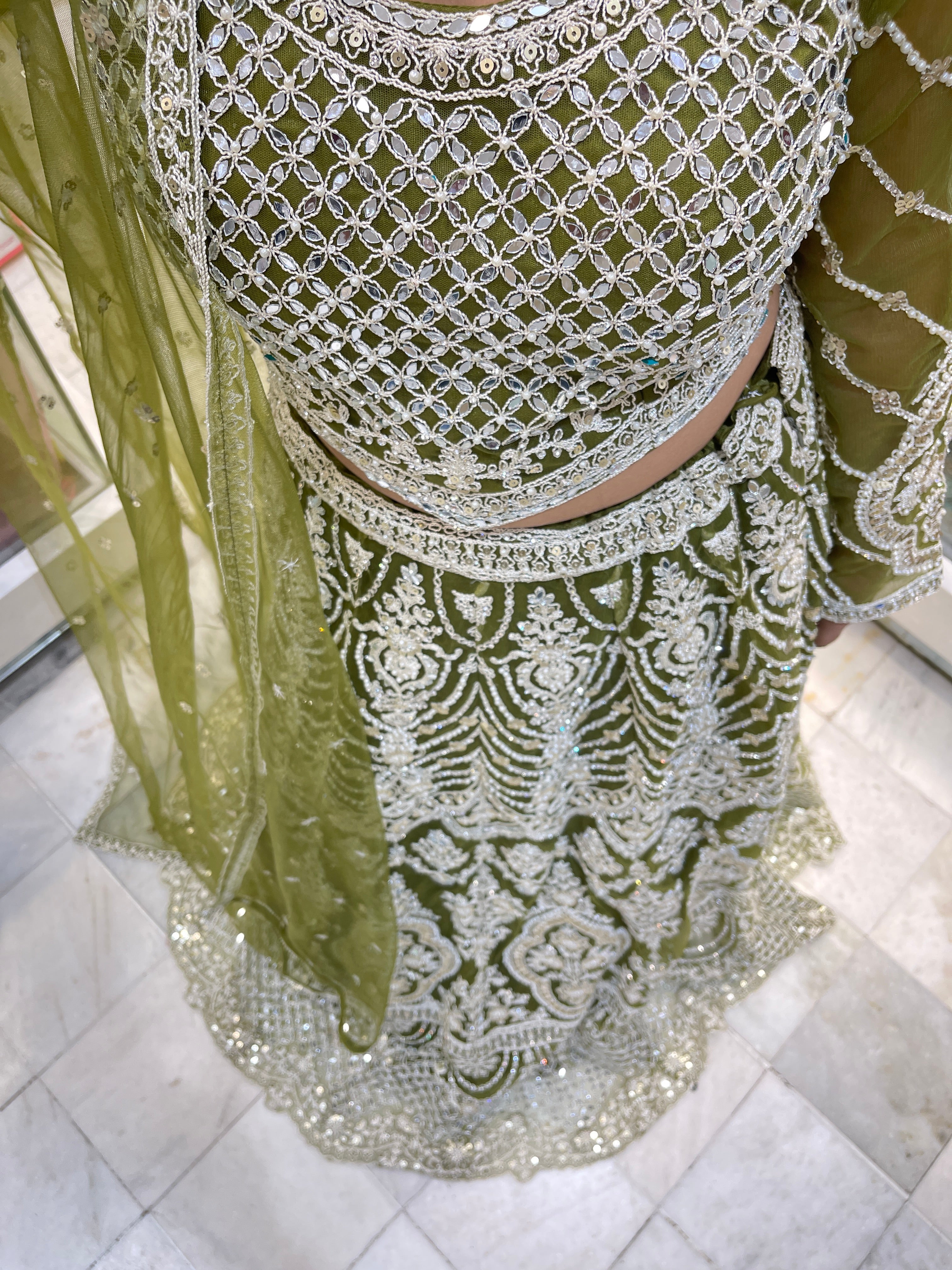 Zari glass pearl work perfect lehenga for mehandi engagements and weddings