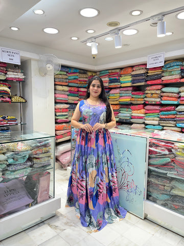 Floral print chinon casual wear light partywear gown