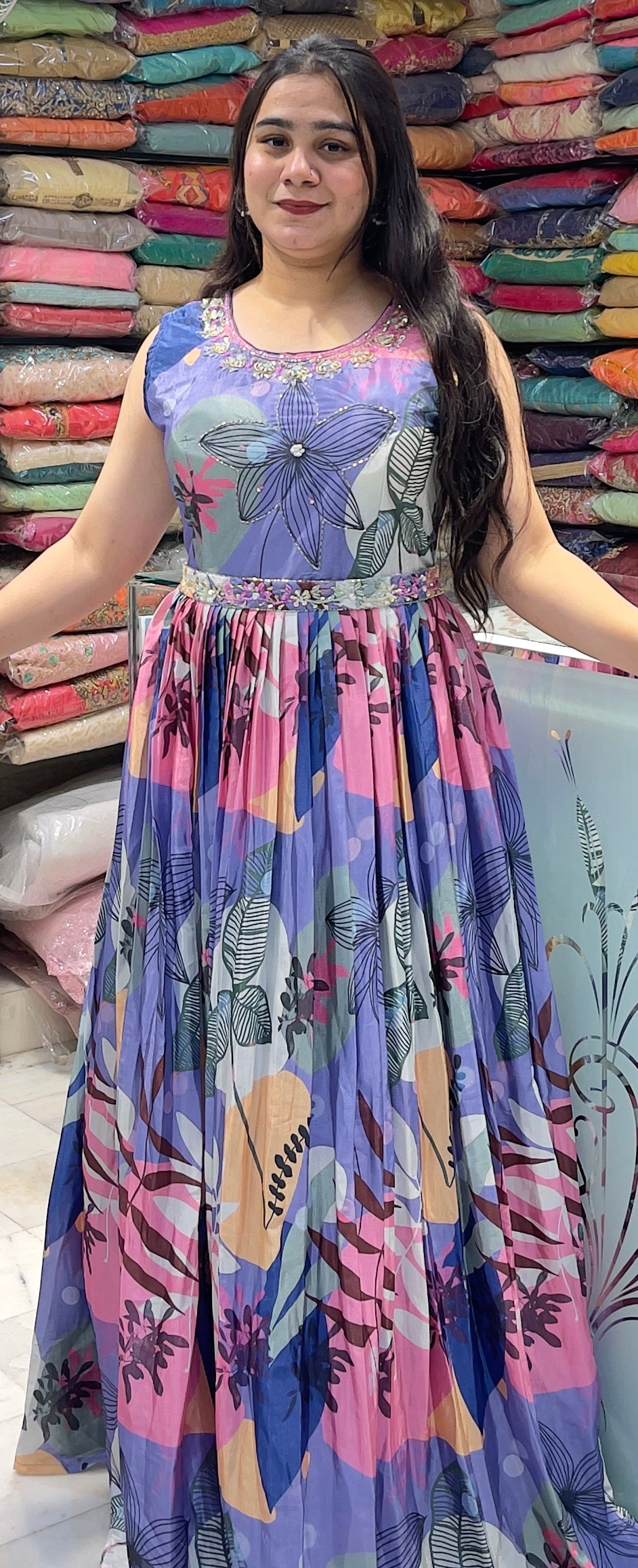 Floral print chinon casual wear light partywear gown
