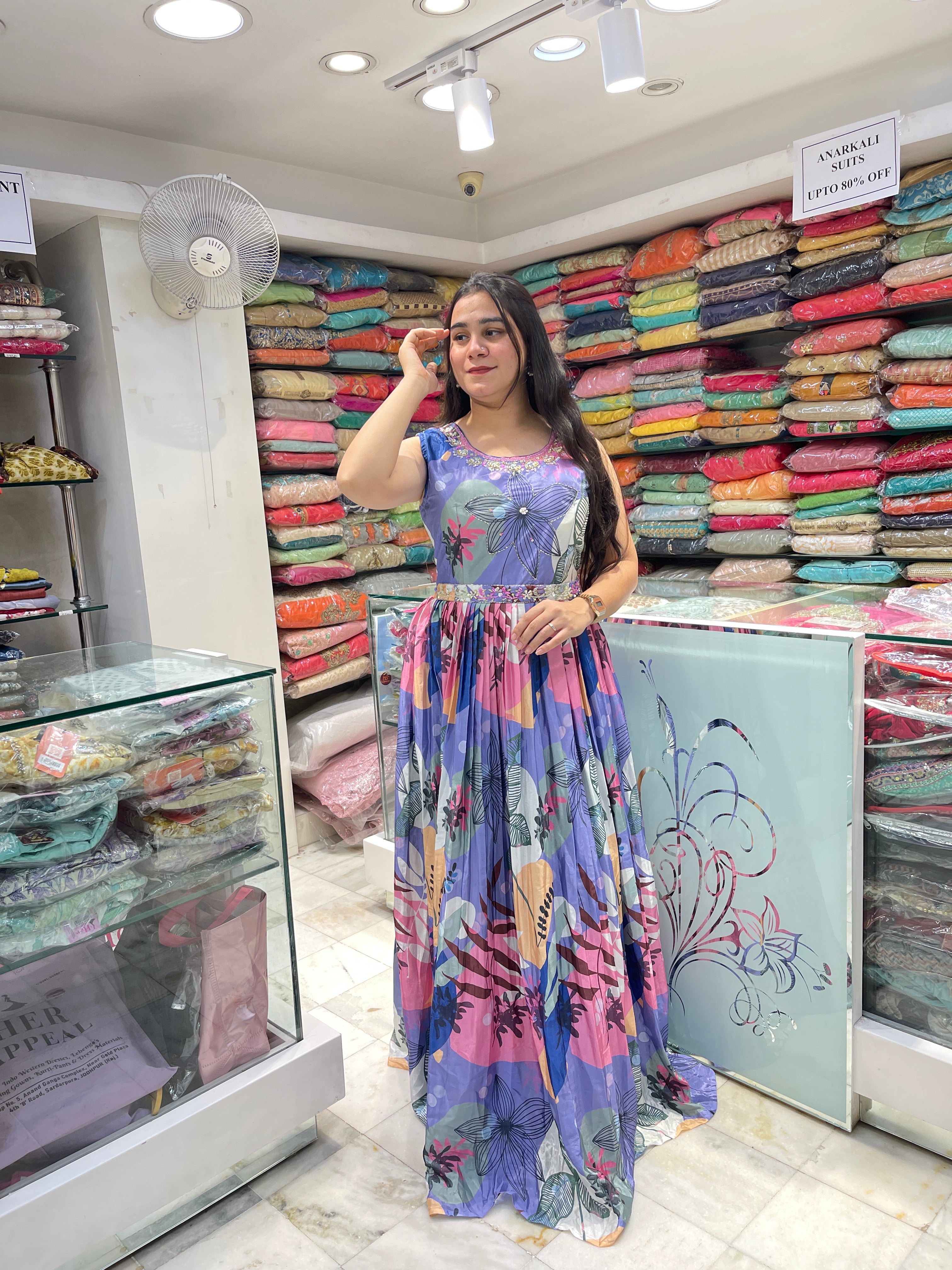 Floral print chinon casual wear light partywear gown