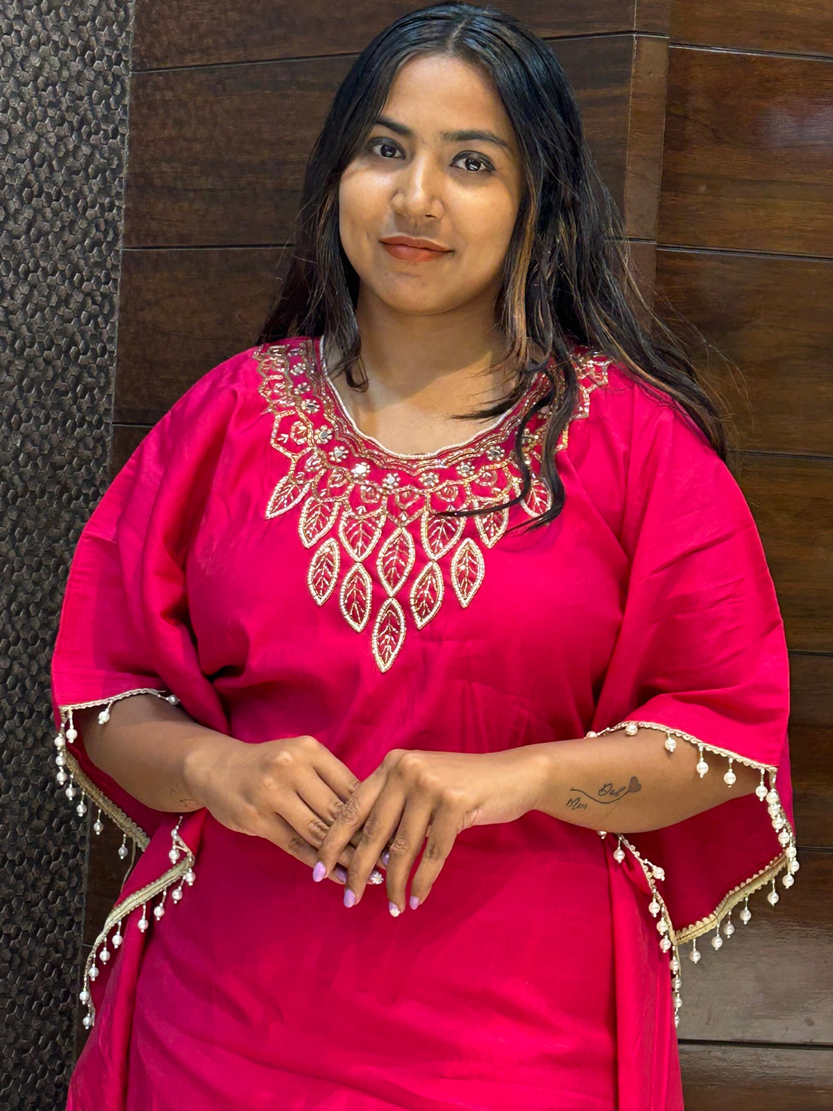 rani pink kaftan with zari moti neckline