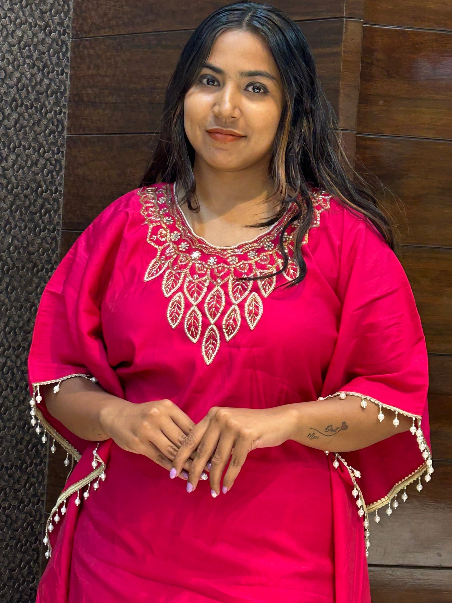 rani pink kaftaan with pearl work neckline and pant