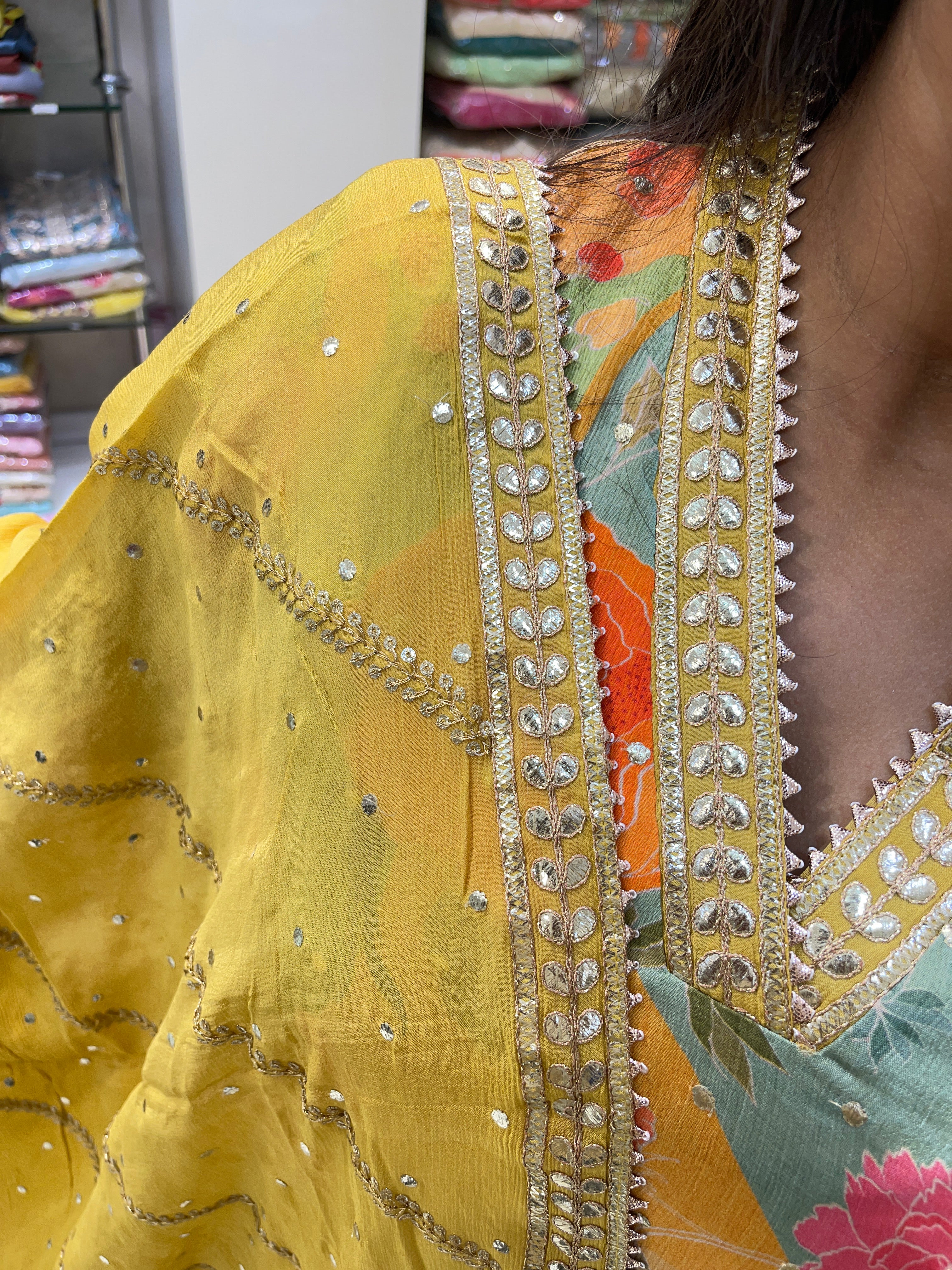 Pure fabric multicolor floral gotta patti lace work sharara suit