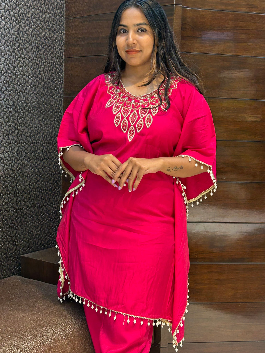 rani pink kaftan with zari moti neckline
