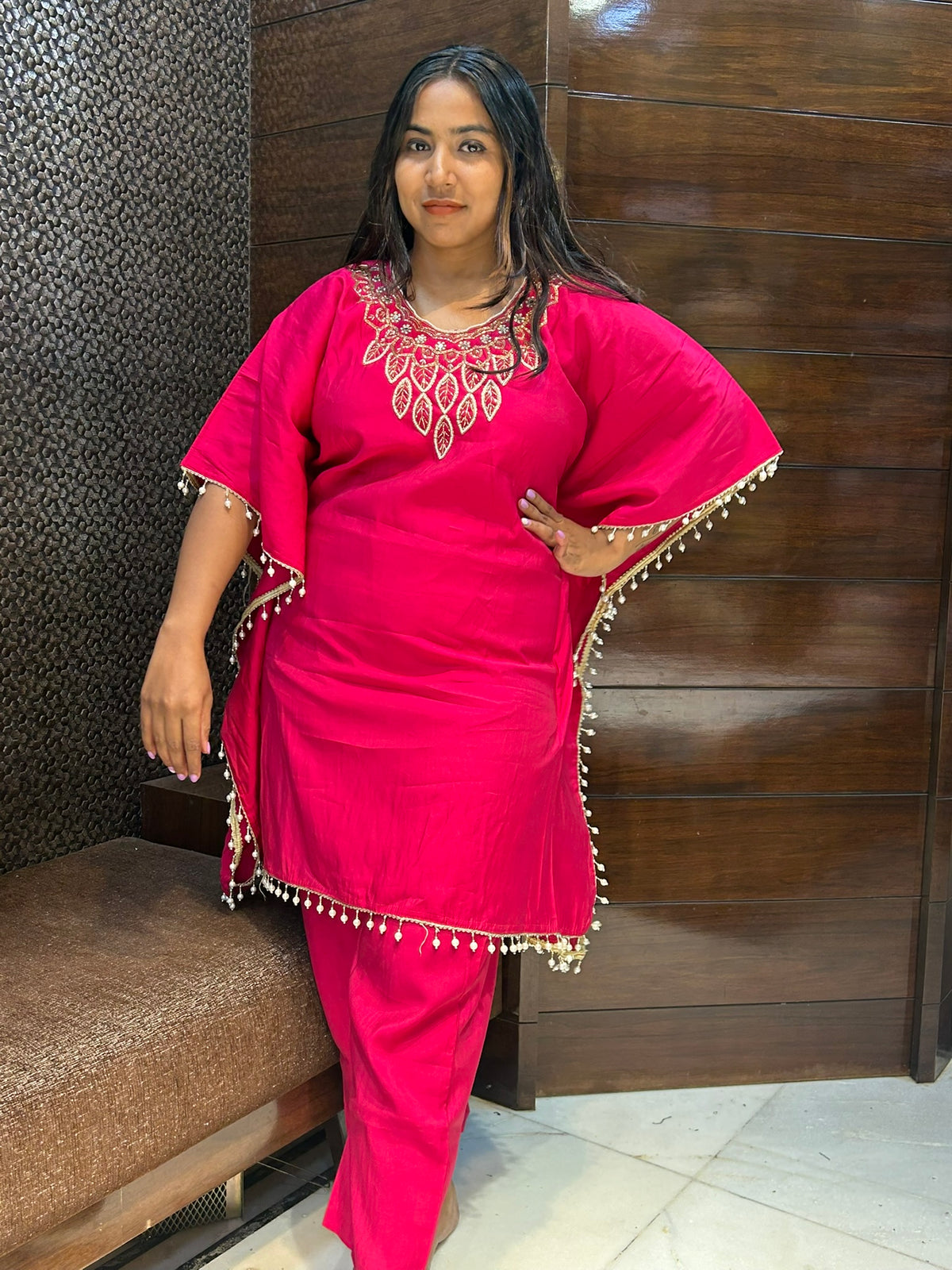 rani pink kaftan with zari moti neckline